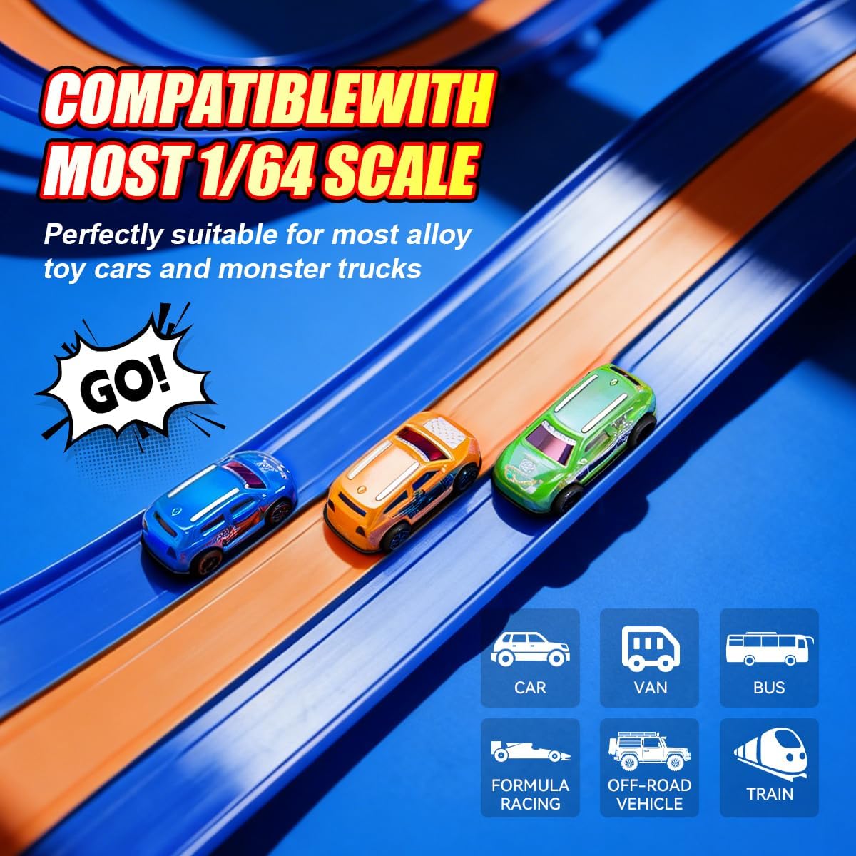 3-Lane Flexible Race Track for Kids 16.4 FT Race Car Track Compatible with Hot Pull-Back Wheels Diecast 1/64, 3 High-Speed Pullback Cars, DIY Racetrack Toy Strong Suction Cups (3399-Orange)