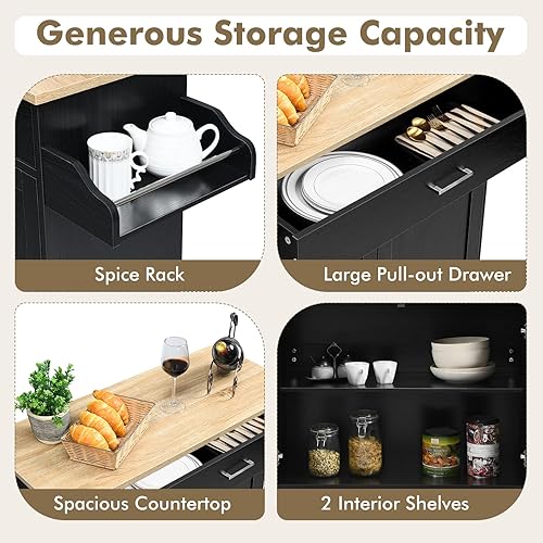 Miniatura 4 de COSTWAY Carrito de isla de cocina, carrito de almacenamiento rodante con ruedas de goma bloqueables, gabinete grande, cajón, estante de especias y
