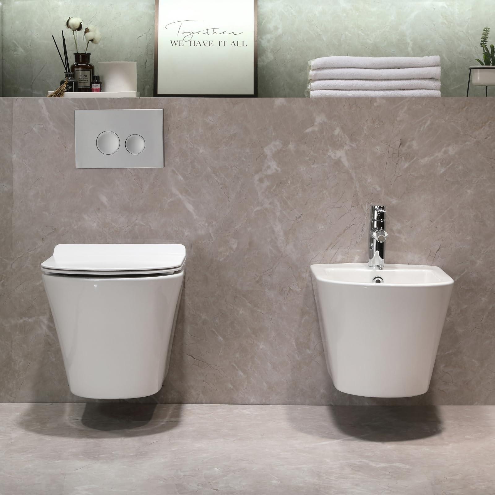 Set WC sospeso senza bordi per WC con sospensione bidet – WC da parete con rivestimento nano – WC con sedile WC con abbassamento automatico – bidet da parete per doccia intima – bidet doccia igienica