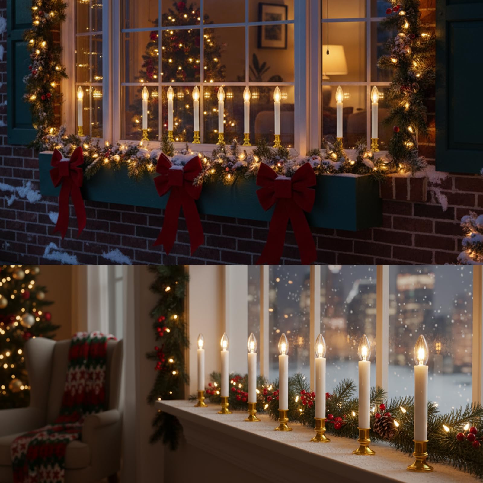 Batteriebetriebene Weihnachtsfensterkerzen mit Timer | Flammenlose LED-Kerzen für Fenster, Messingsockel, batteriebetriebene Fensterkerzen mit Saugnäpfen, 26,7 cm, 6 Stück