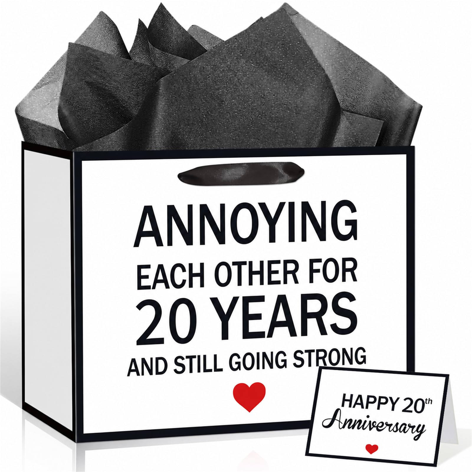 Funny 20th Anniversary Paper Gift Bag with Card & 3 Sheets Black Tissue Paper, Double Sided "Annoying Each Other for 20 Years" Present Bag for Couple Husband Wife, Large Luxury Gift Wrap