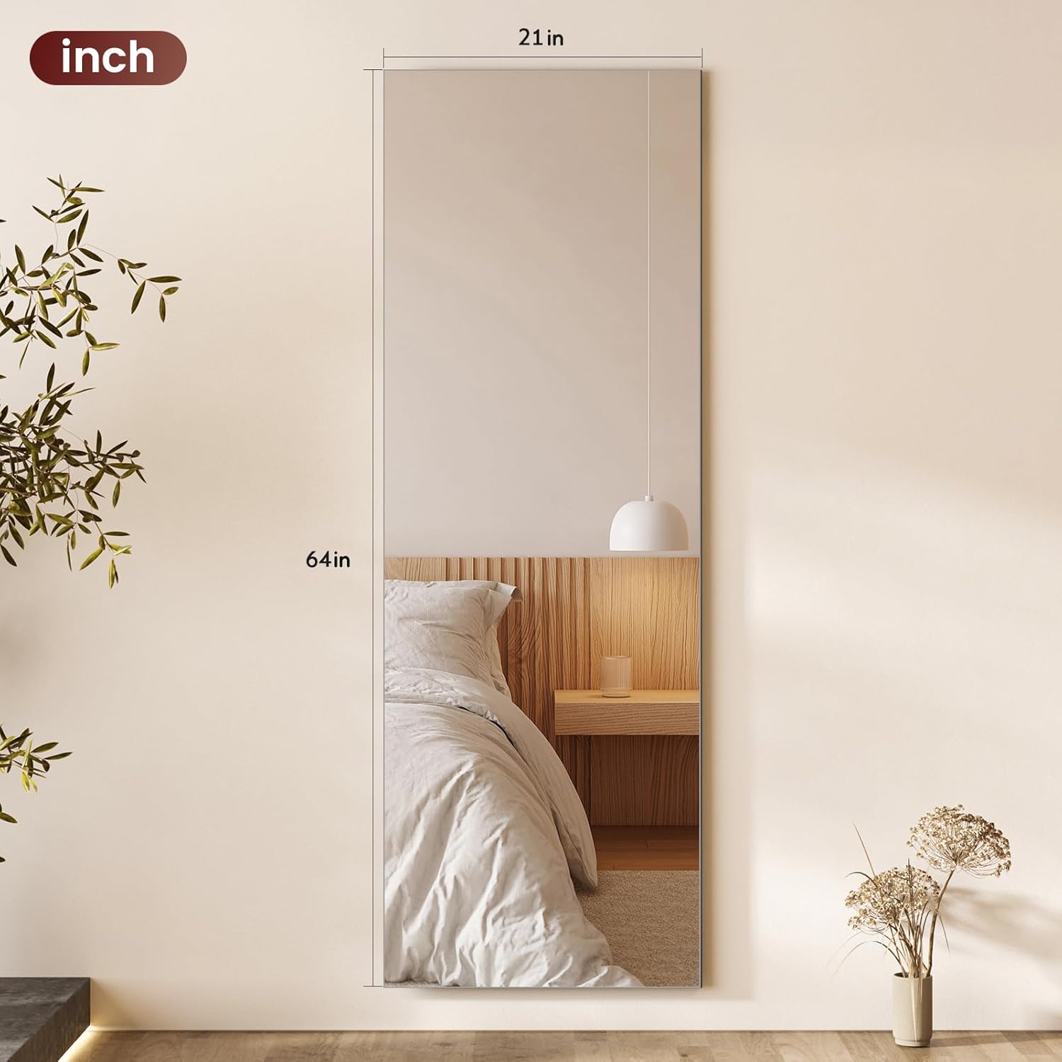 Kosmonia 64x21 Frameless Full Length Silver Coating Mirror w/Distortion Free, HD Reflection &Anti Desilvering, Tempered Glass & Shatter Proof Film Doubling Safety, Easy Setup w/Stand, Wall/Standing - Image 3