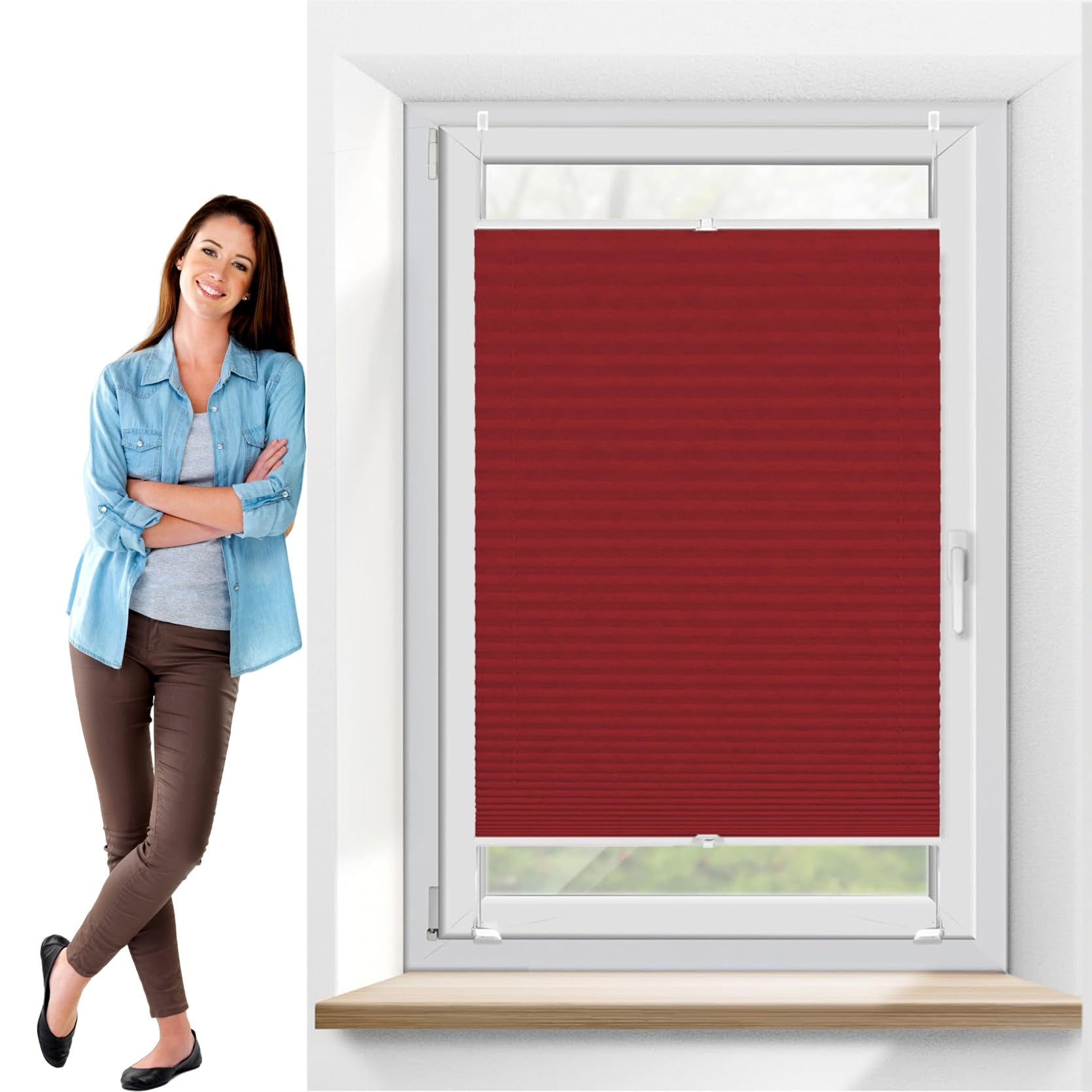Store Plissé Occultant sans Perçage Rouge 30x155cm pour Fenêtre Opaque à Clipser