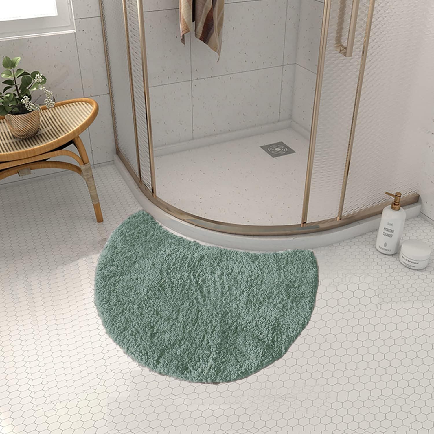 Quadrant Curved Bath Mat, Semi Circular Shower Mat,Microfibre Corner Shower Mats Non Slip, Fluffy Washable Curved Bath Mat Rug (Green)