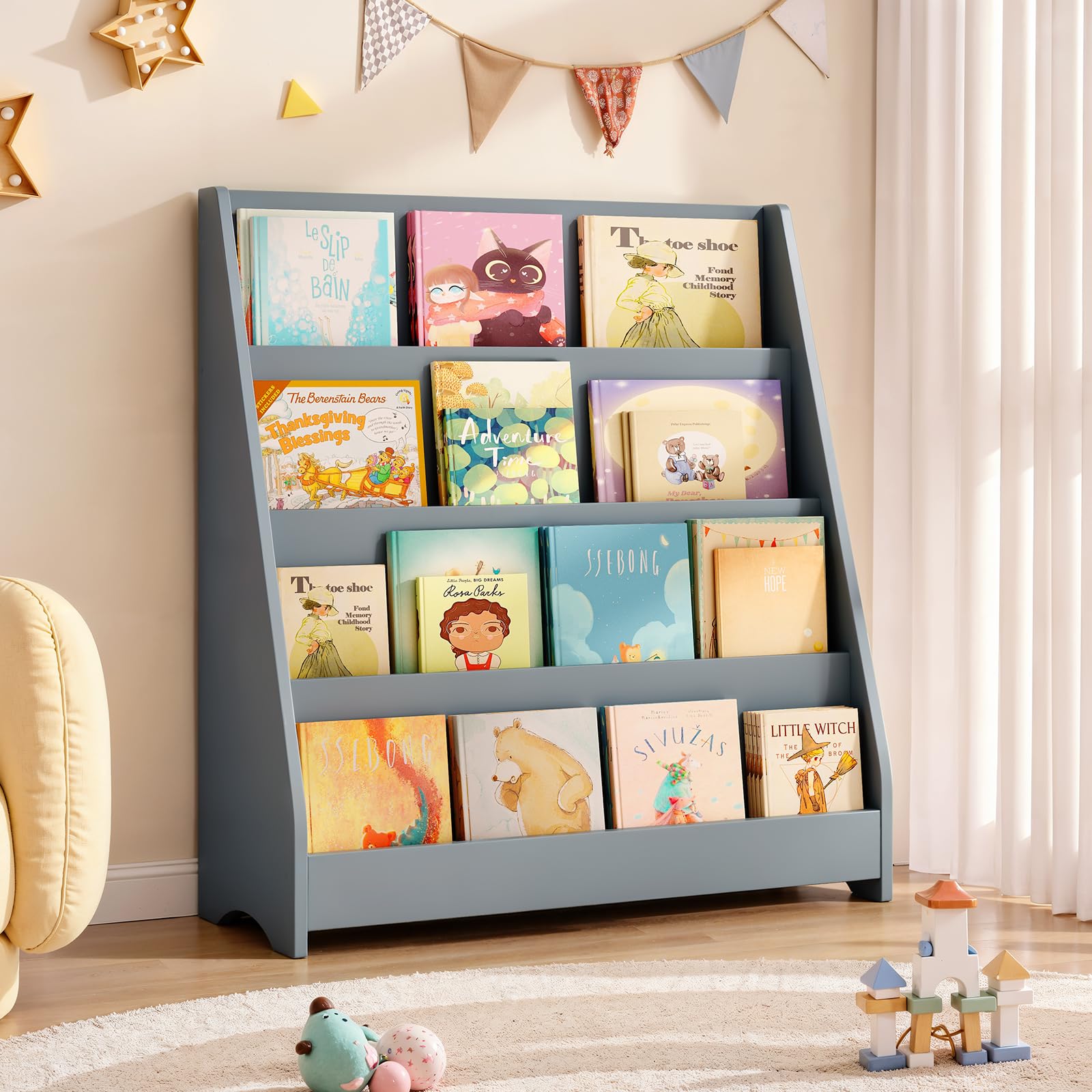 Tatub 4 Tier Kids Wooden Bookshelf for Toddler, Gray