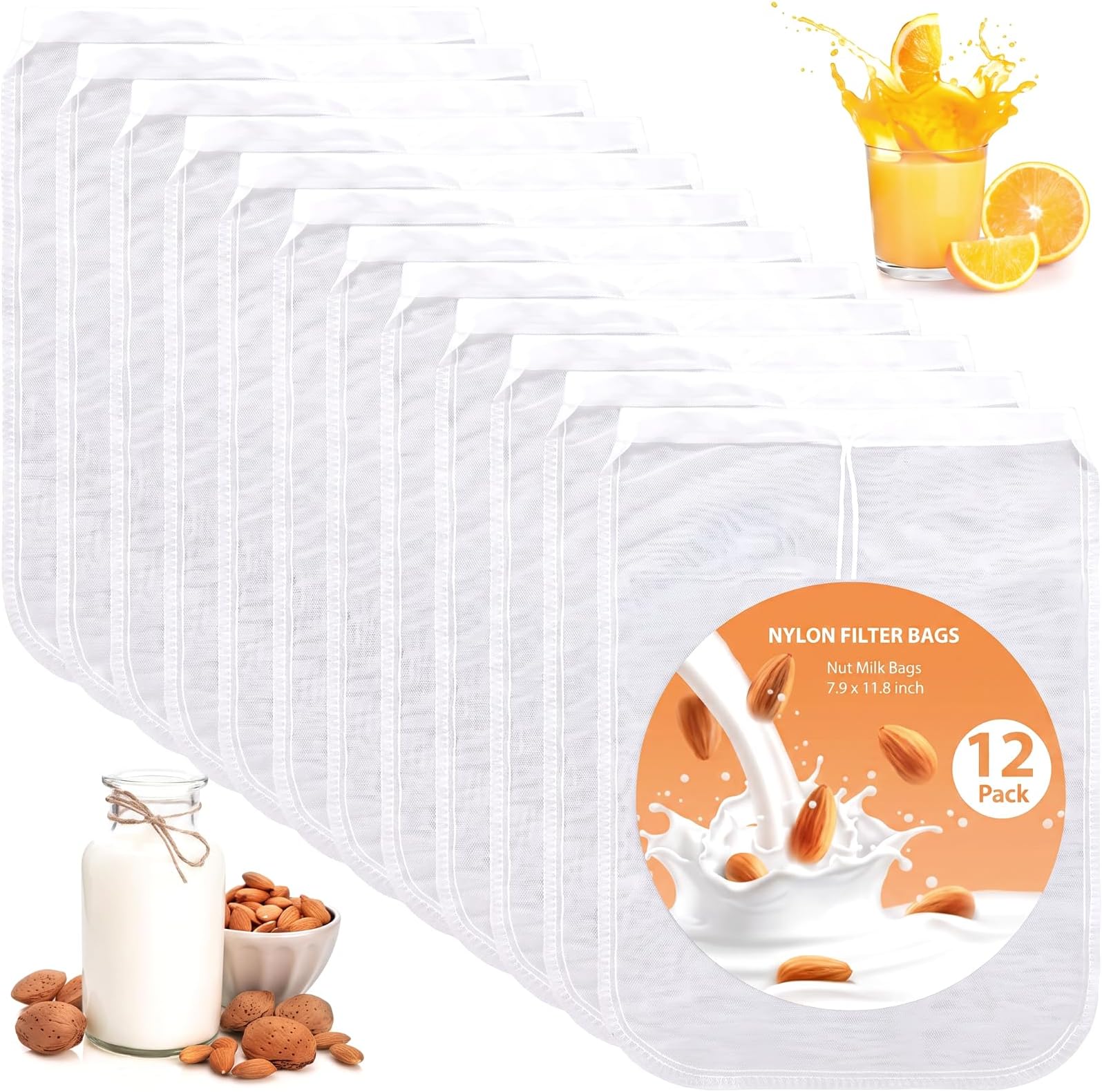 Tudomro 12 Pcs Nut Milk Bag 8 x 12 Inch Food Grade Reusable Cheese Cloth Bag for Straining Washable Mesh Nylon Strainer for Filtering Almond Yogurt Juice Coffee Soup Tofu Tea Wine Herbs