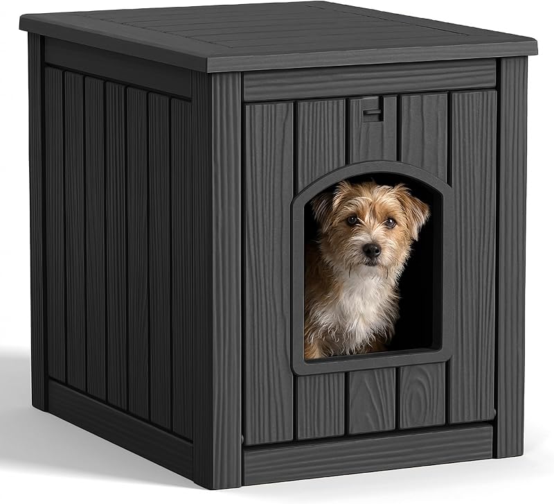 DRATO Outdoor Indoor Dog House, Black, Medium | Resin Material, Ventilate Waterproof, Added to The Bottom, Multi-Functional Pet House for Small to Medium Dog