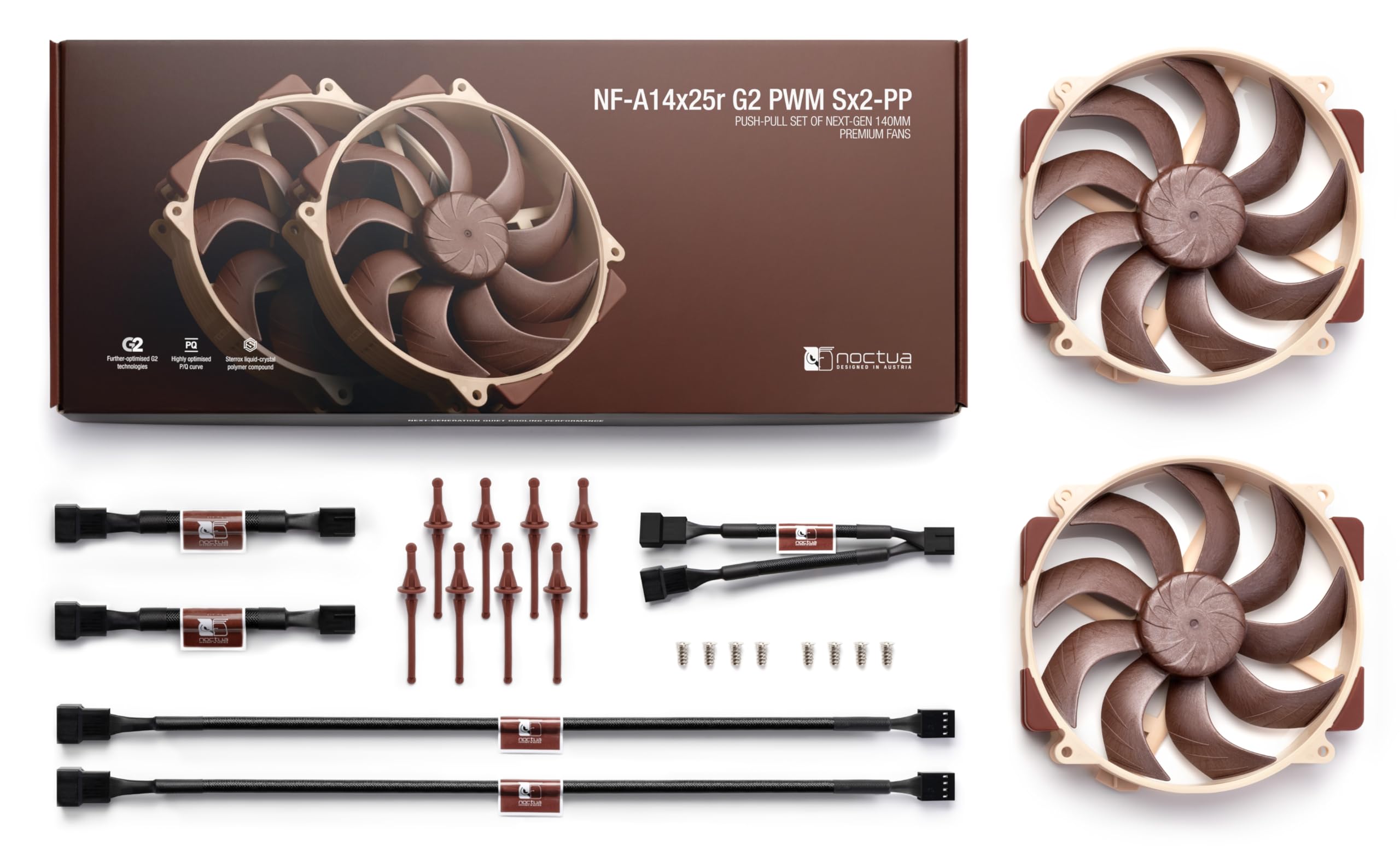 Noctua NF-A14x25r G2 PWM Sx2-PP, Set de Dos Ventiladores Silenciosos para PC, de 140 mm, Funcionamiento de Entrada/Salida (Marrón)