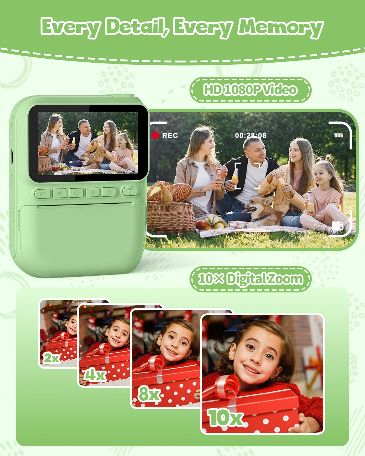 Kinderkamera Sofortbildkamera 3,0 Zoll 1080P Digitalkamera mit Druckerpapier & 32GB Karte für 3-10 Jahre (Grün)