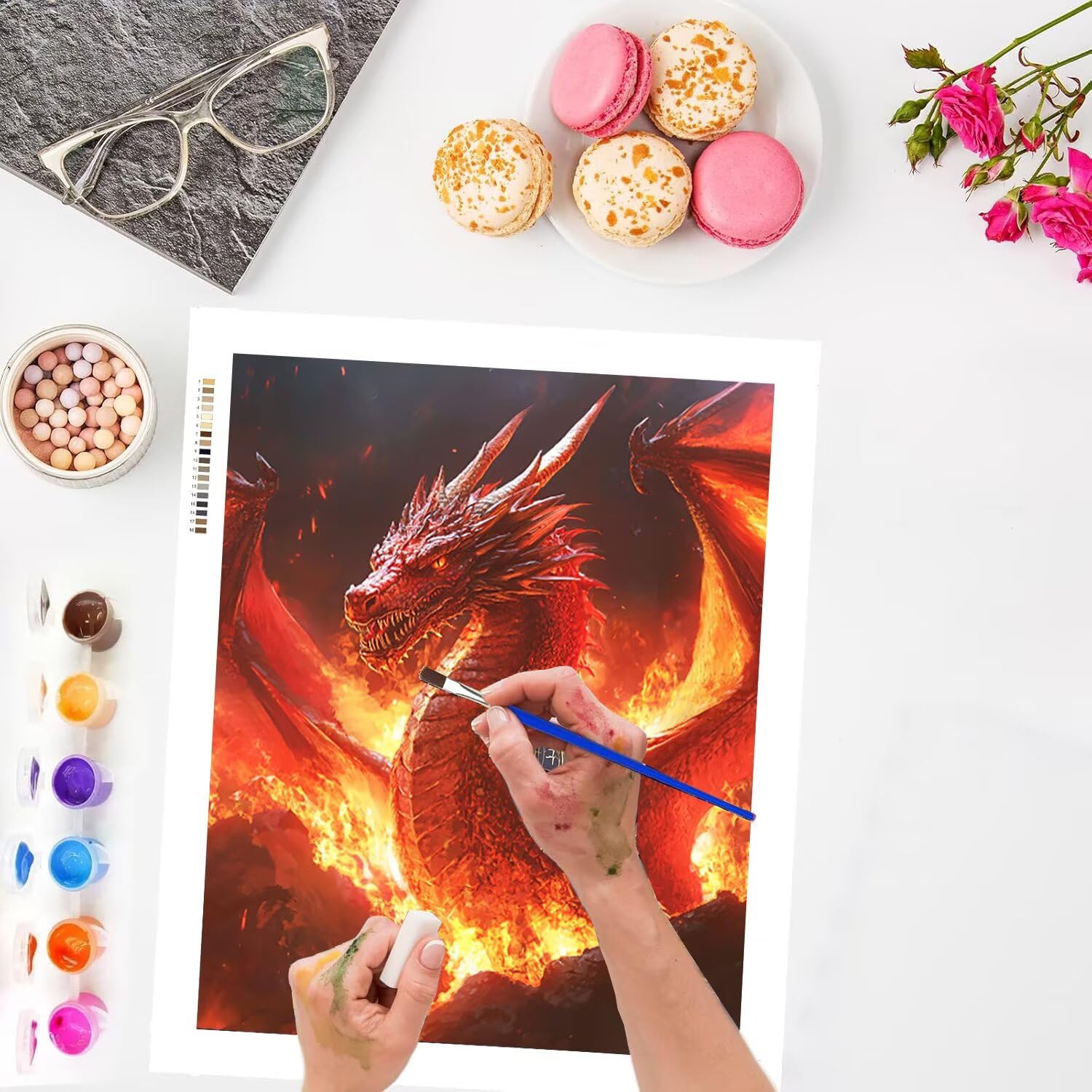 WEISHIWE Malen nach Zahlen Erwachsene Flammen Drache, 70x90cm x-478 | Malen nach Zahlen Erwachsene Leinwand Kit, DIY Handgemalt Ölgemälde Set mit 3-Pinseln und Acrylfarbe für Wanddeko,Ohne Rahmen