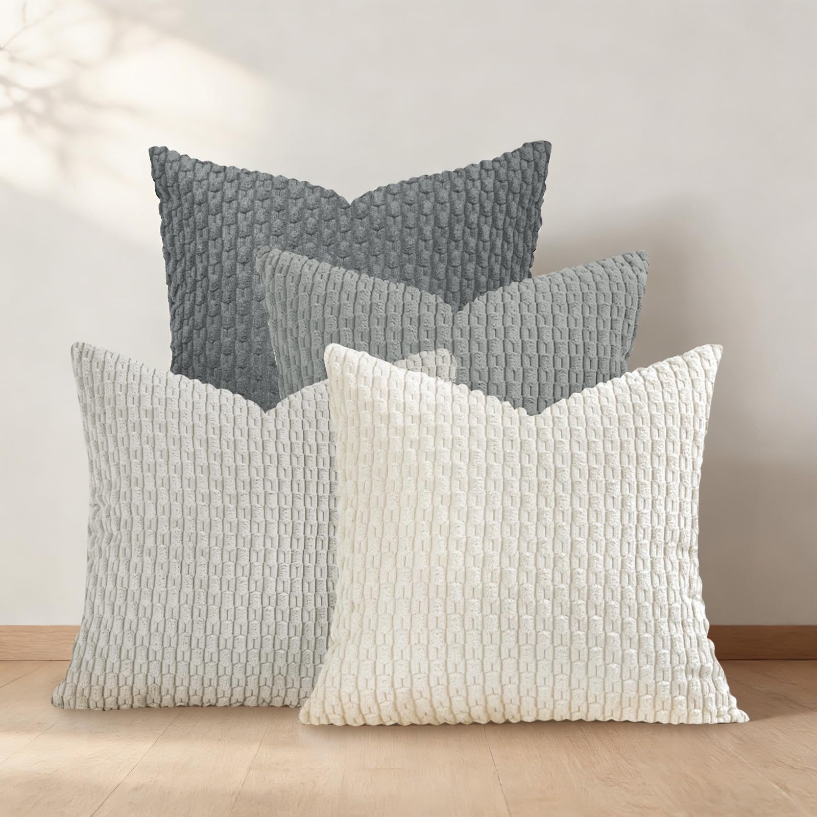 Joymaison Spring Boho Gray Striped Cushion Covers 45 x 45 Pack of 4 Soft Modern Corduroy Square Throw Pillow Case Decorative Sofa Cushion with Invisible Zipper