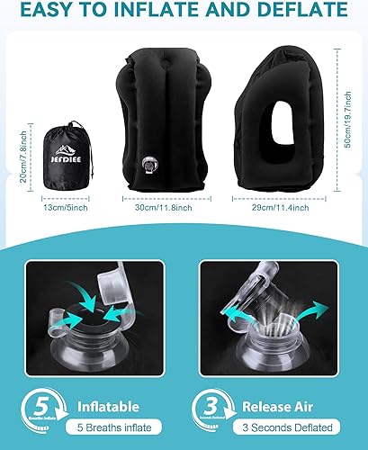 Miniatura 6 de JefDiee Almohada lumbar inflable de viaje para avión, vuelo, viajes, almohada portátil de apoyo lumbar para avión, automóvil, hogar, oficina (negro)
