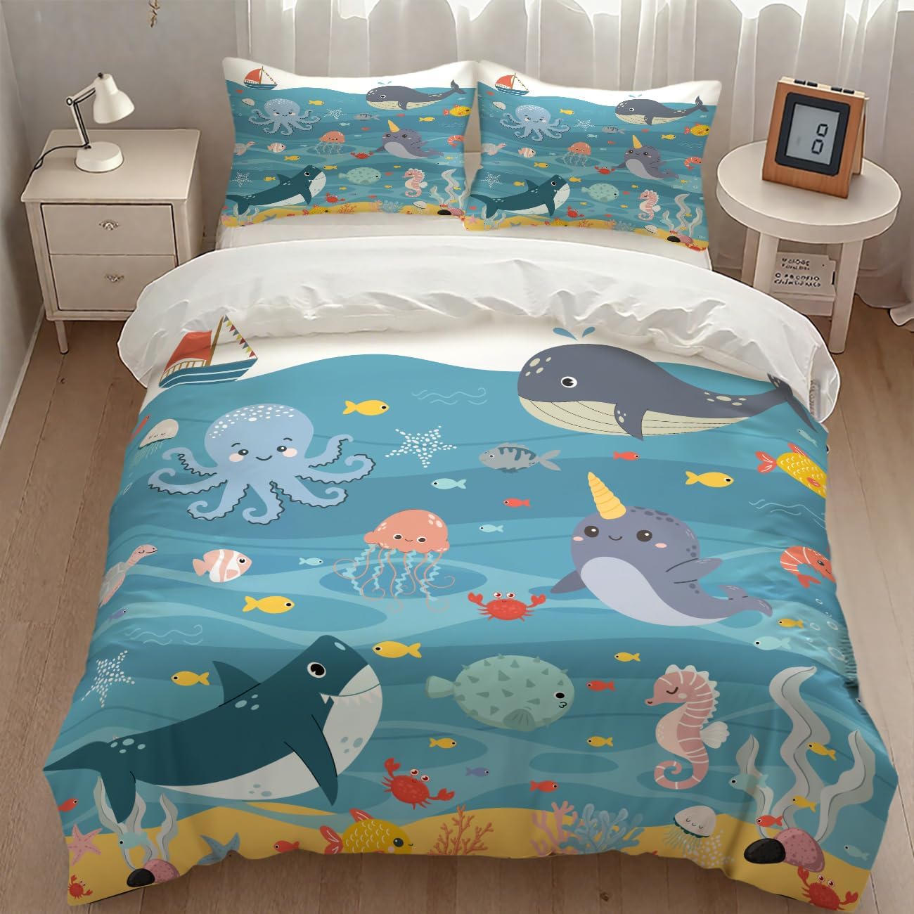 Kids Shark Bedding Duvet Cover Set,Cartoon Sea Underwater Ocean Whale Turtle Seaweed Blue Funny Marine Animal Kids Toddler Comforter Set with Pillowcase for Bedroom Bed Decor,Twin 86"x70"