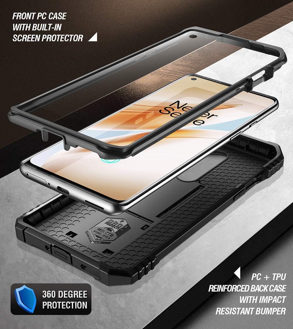 Poetic Revolution Phone Case for Oneplus 8 Case, [Not Compatible with Verizon Version] Full-Body Rugged Dual-Layer Shockproof Protective Cover with Kickstand and Built-in-Screen Protector, Black
