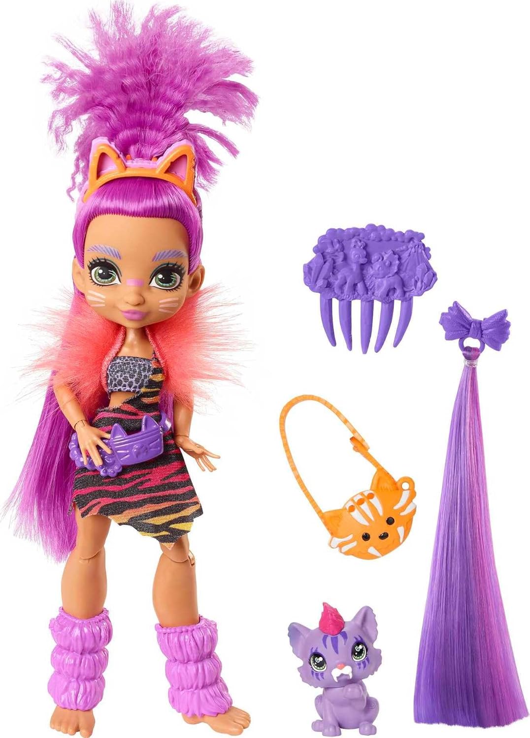 Mattel Cave Club Roaralai Doll (8 10-inch, Purple Hair) Poseable Prehistoric Fashion Doll with Dinosaur Pet and Accessories, Gift for 4 Year Olds and Up