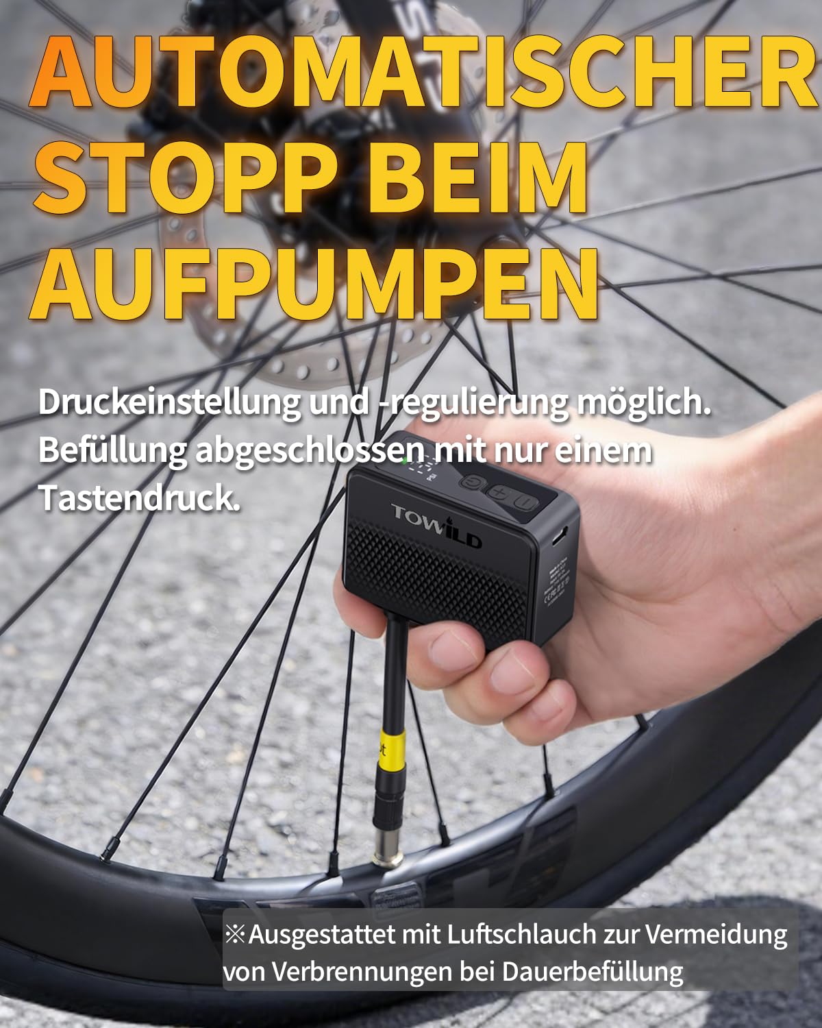 TOWILD A13 Akku Luftpumpe Fahrrad Elektrisch 130 PSI Tiny Fahrradpumpe mit Digitalem Manometer Automatische Abschaltung Elektrische Luftpumpe mit Presta- und Schrader-Ventil für E-Bike, MTB Rennrad