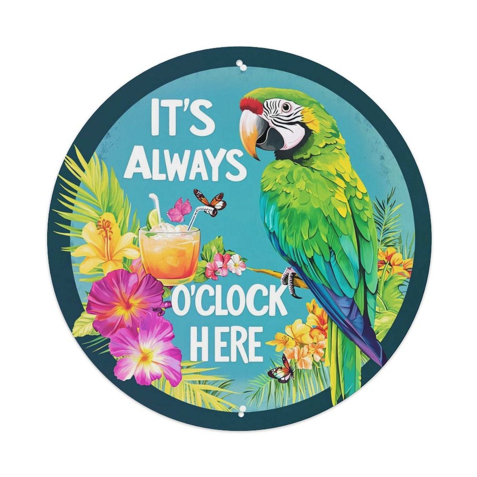 Tropical Parrot Cocktail Flowers Butterflies Round Metal Tin Sign Vintage Wall Decor, Bar Garage Cafe Kitchen Home Wall Art Poster 8x8inches