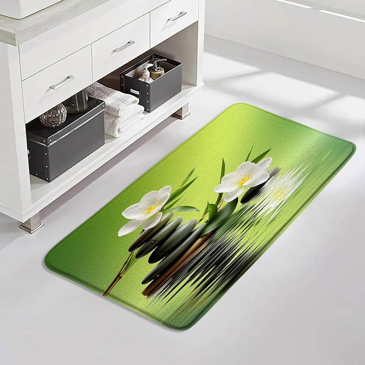 Zen Spa Bath Mat Asian Japanese Garden Zen Stone Flower Meditation Green Memory Foam Bathroom Kitchen Bedroom Livingroom Soft Floor Rug, 24"x47"