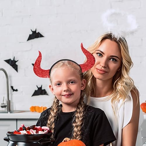 Miniatura 4 de Hi.FANCY Juego de 4 diademas de cuernos de ángel y diablo, varita mágica, banda para el cabello de ángel diablo rojo, juego de tocados de resorte