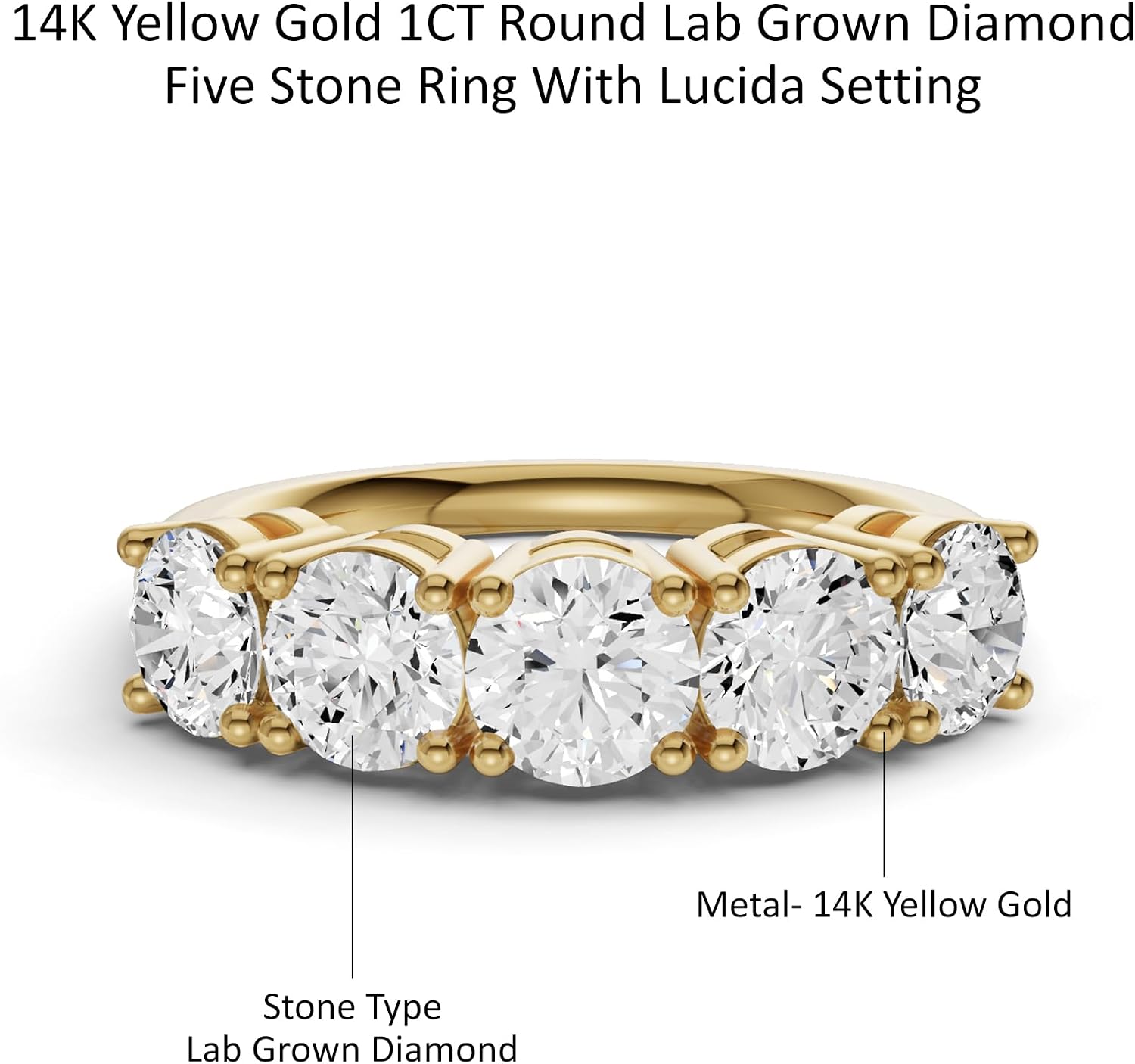 Diamond2Deal 1/2 Carat to 3 Carat Round Shape Lab Grown Diamond Five Stone Wedding Band Ring | 14k White or Yellow Gold Lucida Setting Five Stone Band Ring | D-E Color and VS Clarity