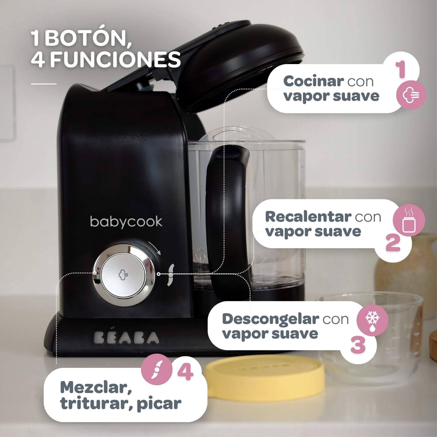 BÉABA Babycook Solo, Robot de cocina infantil 4 en 1, Tritura, cocina y cuece al vapor, Cocción rápida, Comida casera y deliciosa para bebés y niños, Comida variada para tu bebé, Negro
