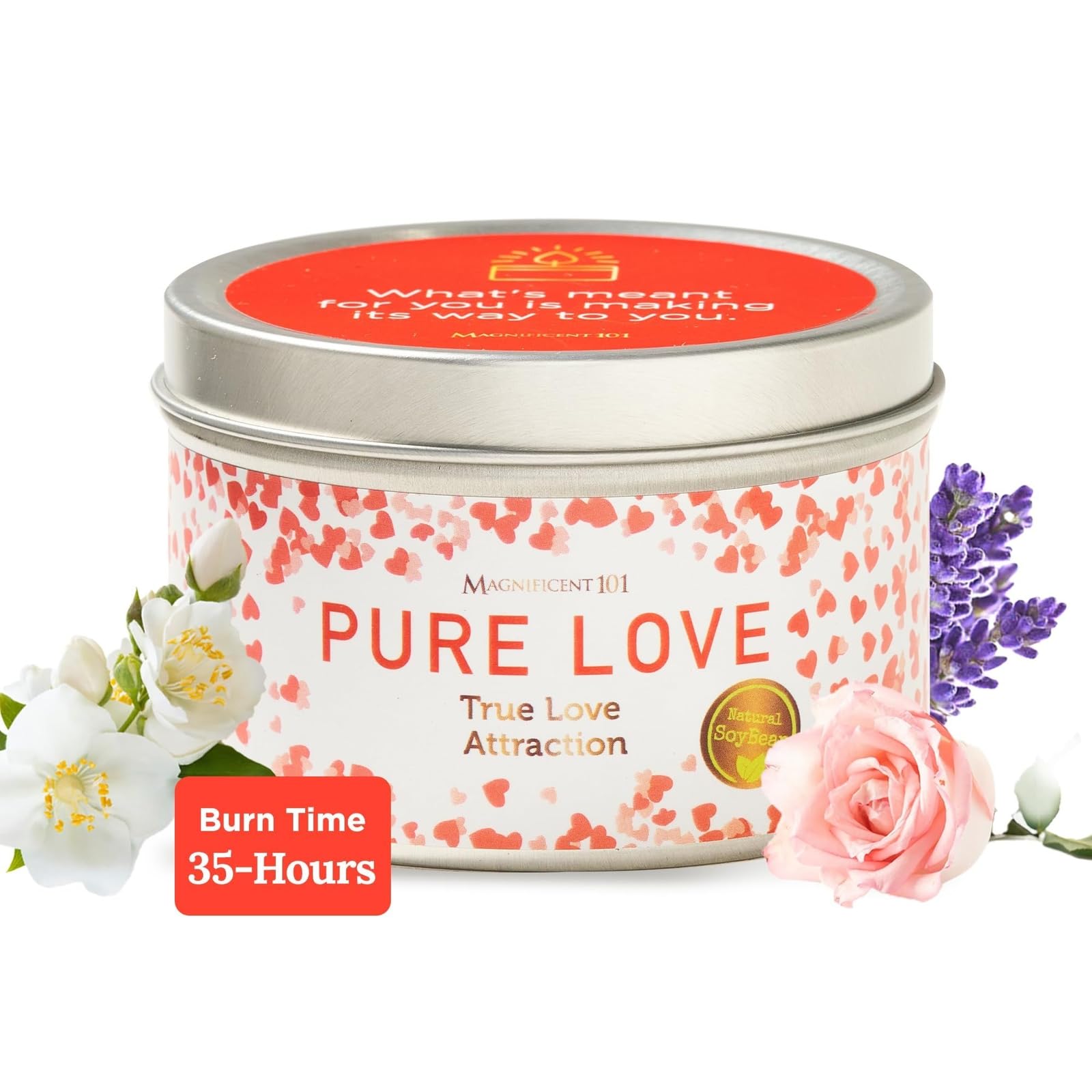 Magnificent 101 Long Lasting Pure Love Aromatherapy Tin Candle | 6 Oz - 35 Hour Burn | All Natural Soy Wax with Sage, Rose, Lavender for Energy Cleansing, Purification, Manifestation