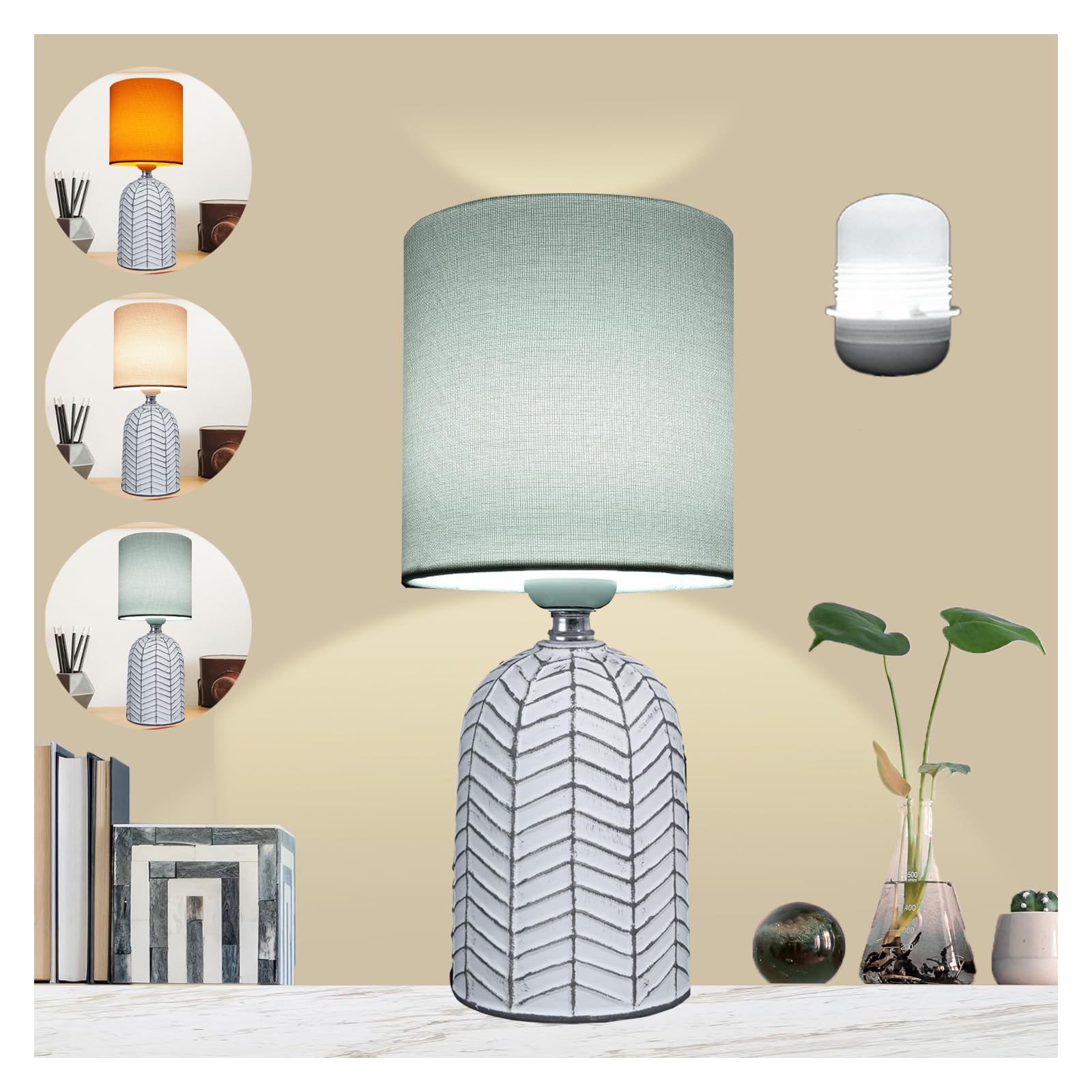 AIDENOEY Small Table Lamp for Bedroom -Bedside Desk Reading Lamps with 3 Way DimmableTouch Control,Nightstand Ceramic Lamp with Fabric Shade for Kids Room,Living Room,Dorm,Home Office(Grey+White)