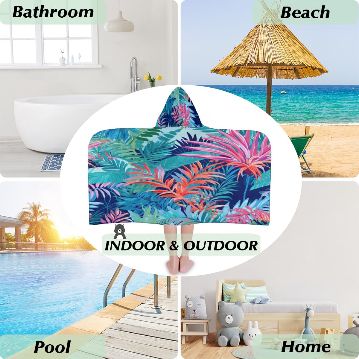 Pardick Kids Bath Towel Poppy Leaf Tropical Beach Towel with Hood Pool Cover Up for Girls Boys Soft Absorbent Hooded Bath Towel Toddler Towels for Beach, Pool