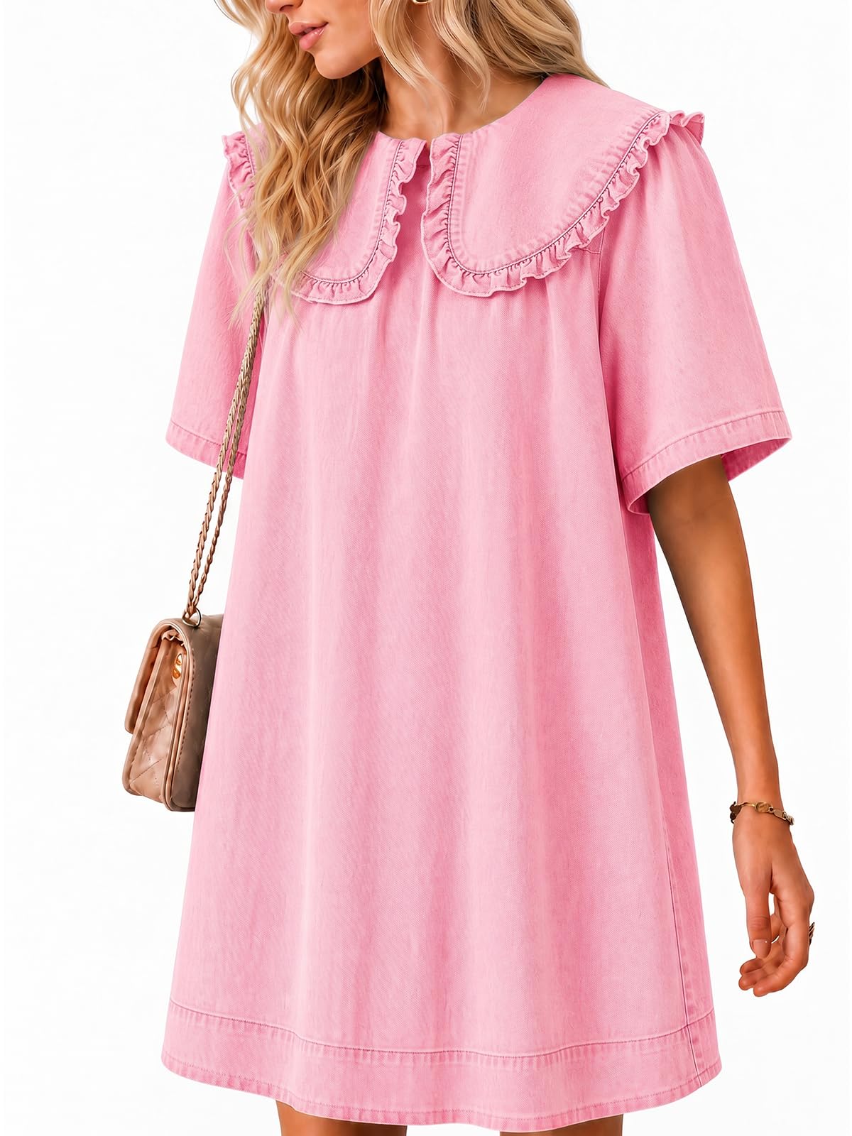 Wenrine Women's Summer Denim Mini Dress Jean Dresses | Oversized, Peter Pan Collar, Short Sleeve, Casual Flowy Babydoll