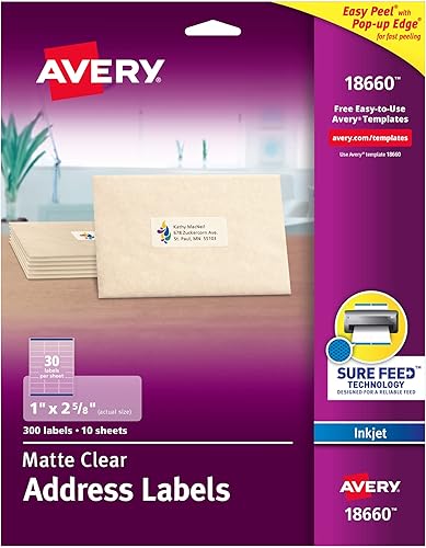 Avery etiquetas postales de fácil despegue para impresoras Ink Jet de 1 x 2-58 pulgadas transparentes paquete de 300 18660 Transparente