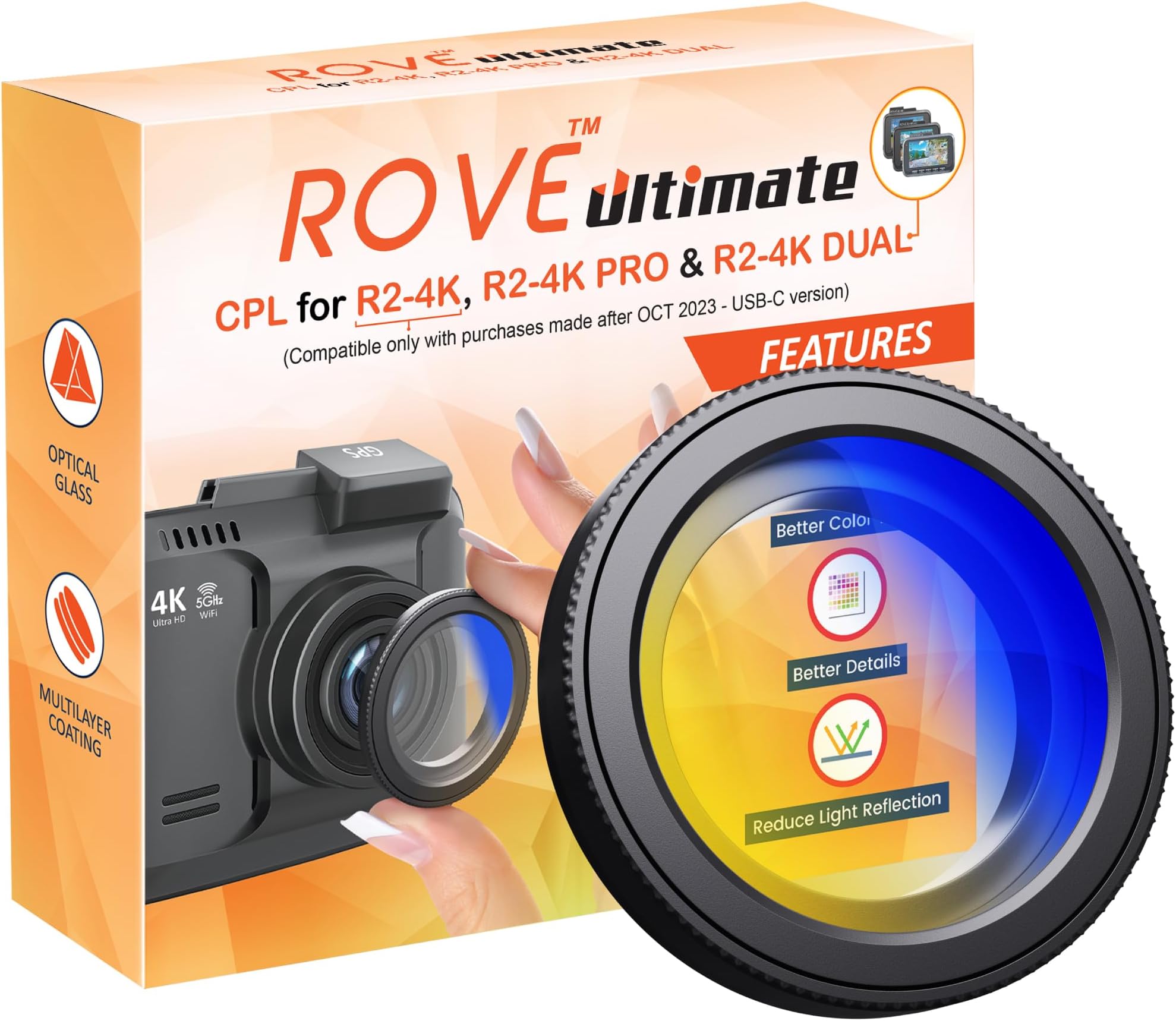 ROVE Ultimate CPL Filter, Anti-Glare Circular Polarizer Lens for ROVE R2-4K, R2-4K PRO, and R2-4K Dual Dash Cam Models
