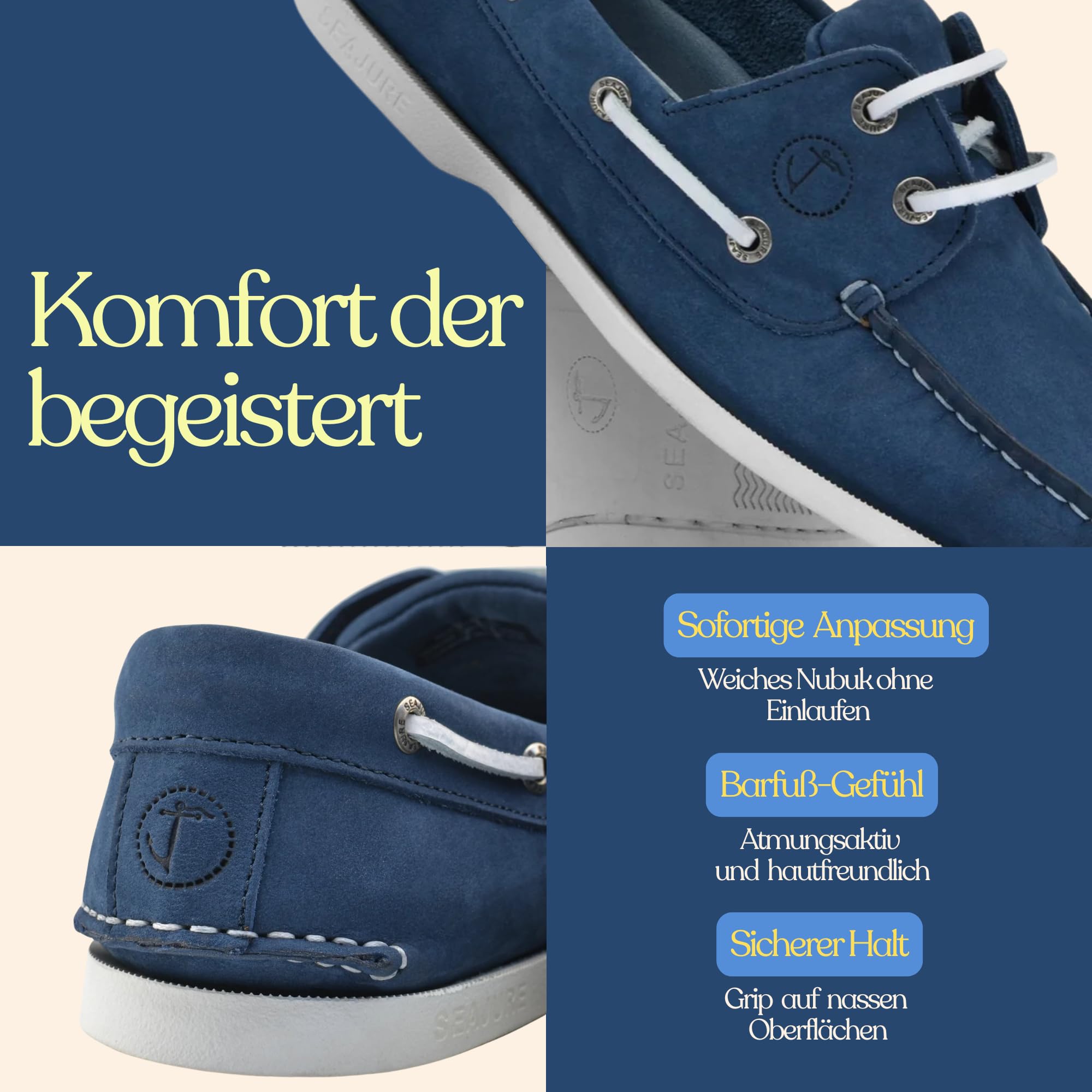 Seajure Trebaluger Bootsschuhe Herren Leder, Blau, Premium Segelschuhe, Mokassins, Slipper, Halbschuhe aus Echtleder Nubuk, rutschfeste Non Marking Gummisohle, handgefertigt in Portugal