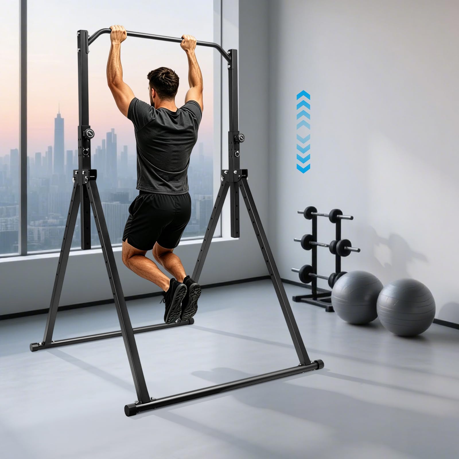 Power Tower, sbarra per trazioni autoportante, 1,33 x 1,16 m, angolo 1,75-2,3 m, regolabile in altezza, attrezzo per allenamento fitness per soggiorno e camera da letto, palestra, portata 200 kg, nero