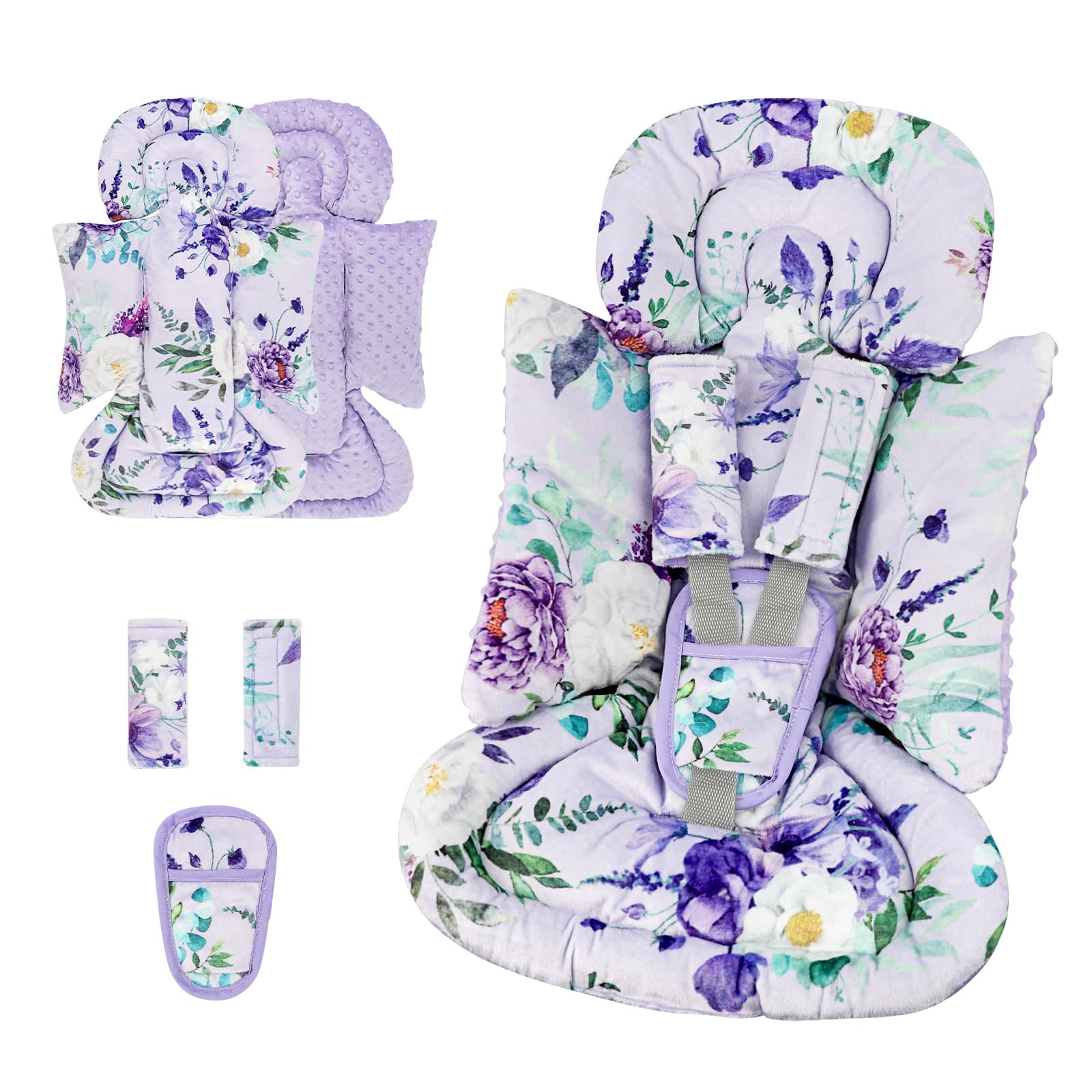 CARUILI Infant Car Seat Insert and Strap Covers, Very Soft Car Seat Head Support Baby Girl Boy, Reversible Newborn Carseat Insert Cushion Fits for Stroller, Baby Swing, Bouncer (Purple Floral)
