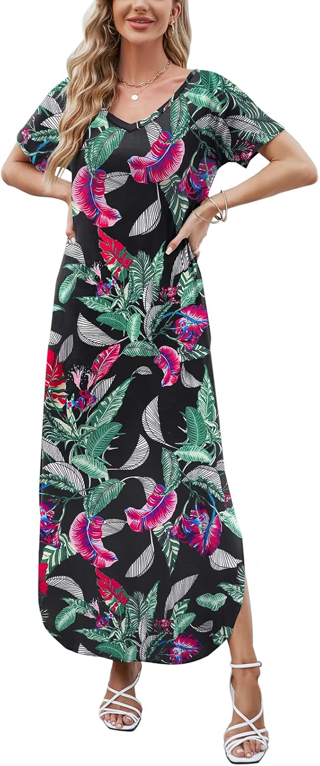 HUSKARY Women's Summer Maxi Dress Casual Loose Pockets Long Dress Short Sleeve Split Maxi Dresses - Image 5