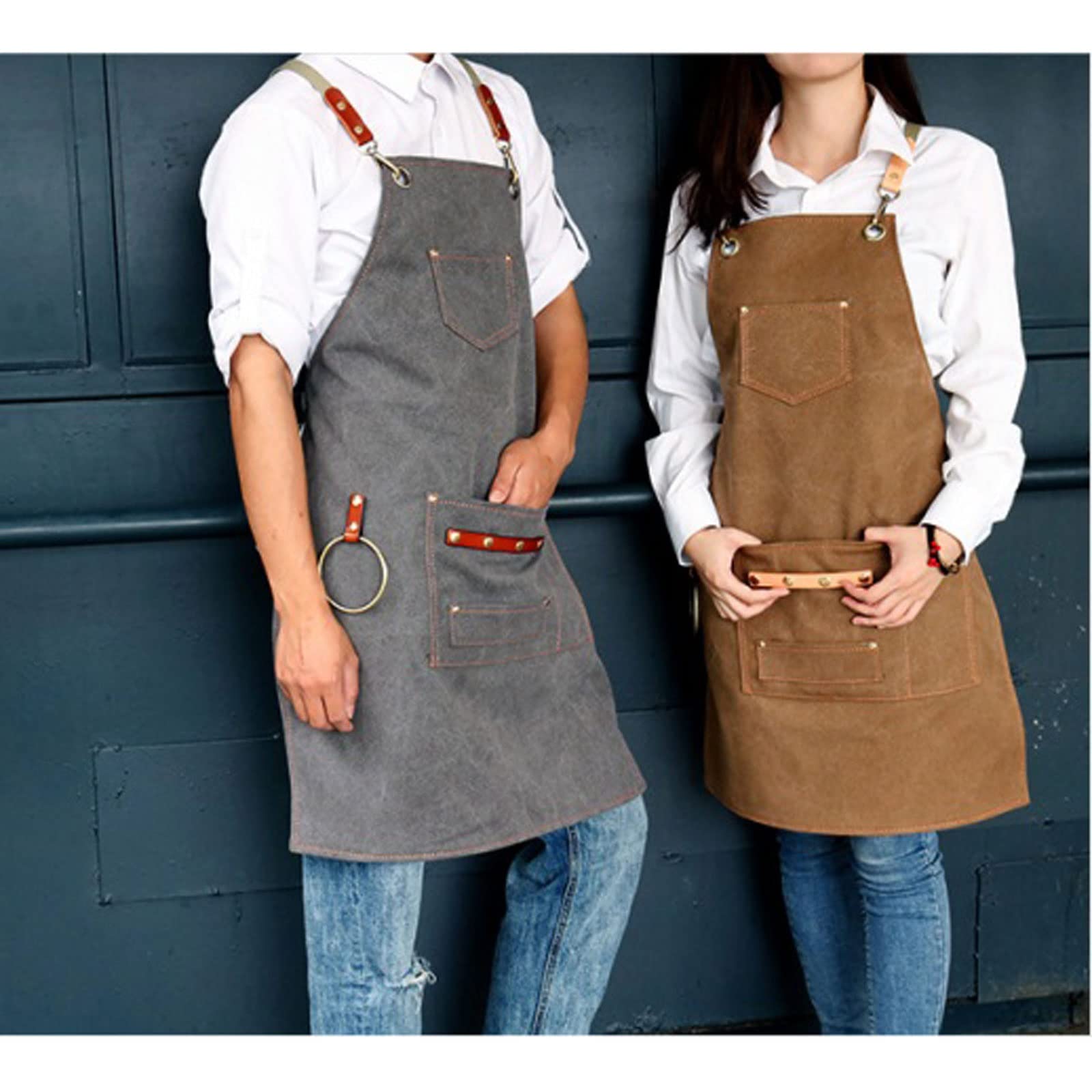 Fartuch płócienny śliniak skórzany fartuch szefa kuchni kobiety mężczyźni barista barman kieszenie dom fryzjer kawa restauracja ochronny pinafore(szary), Szary, rozmiar uniwersalny