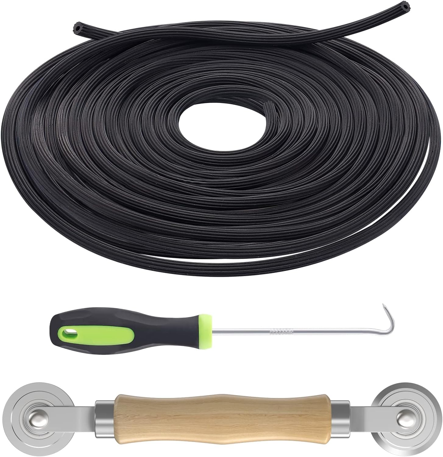 Lonimia3 in 1 Window Screen Mesh Install Repair Tool Kit,Including 32.8Ft Spline Replacement,Steel Roller Tool with Bearing,Spline Removal Hook,for Installing Door and Window Mesh Screens.