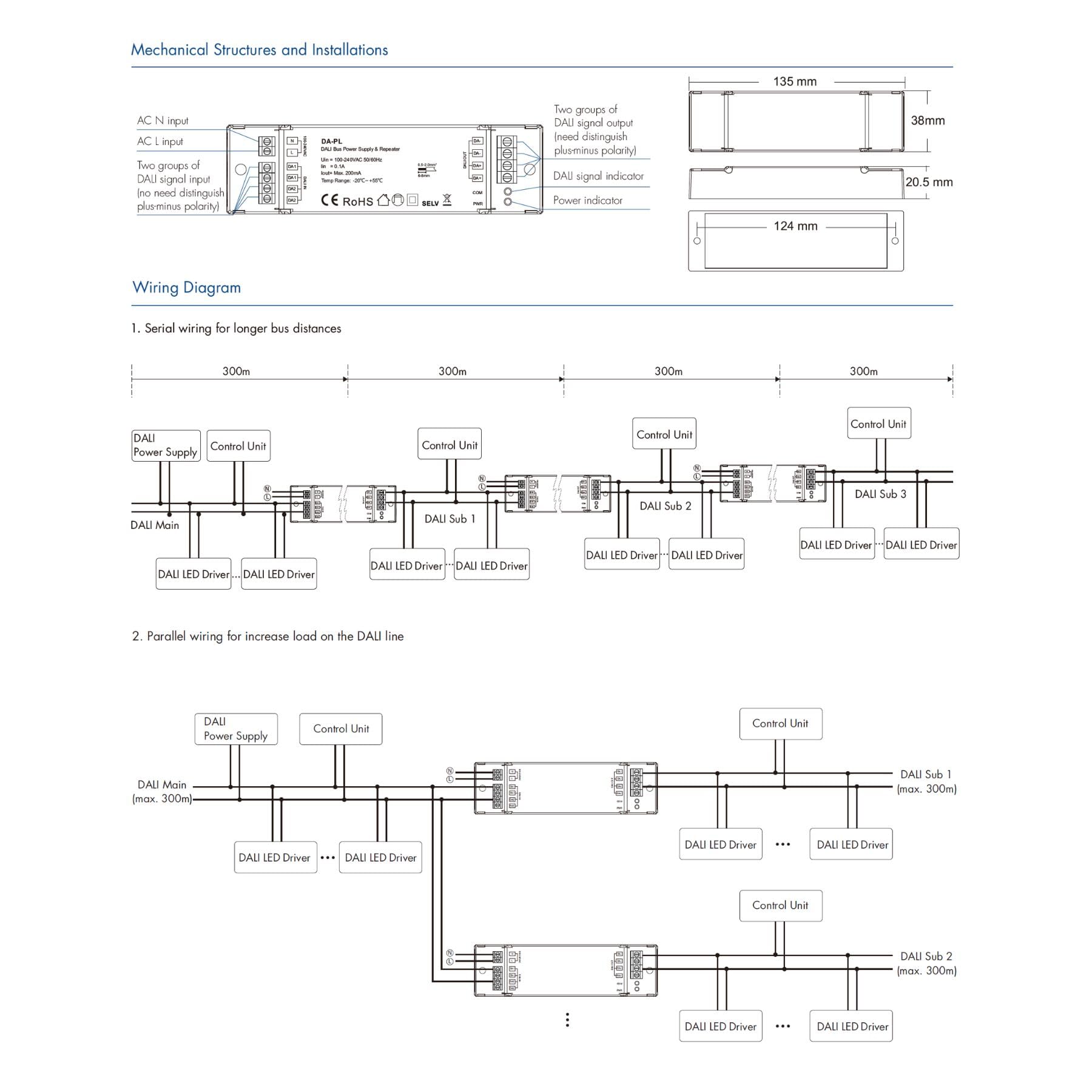 DALI Bus-Netzteil mit integriertem Repeater, Eingang 220 V Ausgang max. 200 mA, Verlängerung der Dali-Linie bis zu 1200 m (4 Netzteile in Serie), Repeater Bidirektionaler Signalverstärker, DA-PL