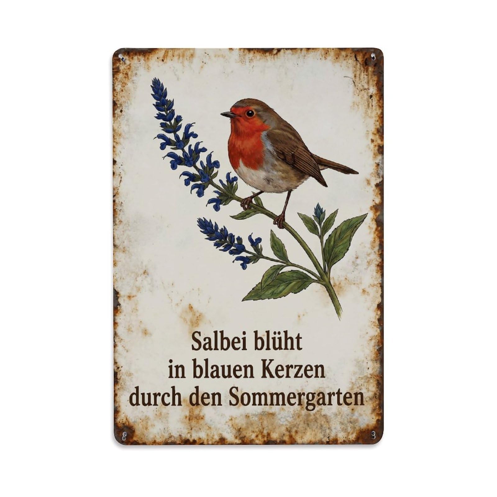 Robin Bird Garden Quote Salvia Blue Vintage Metal Tin Sign Plaque Wall Decor for Cafe, Club, Garden Metal Poster 8x12Inch