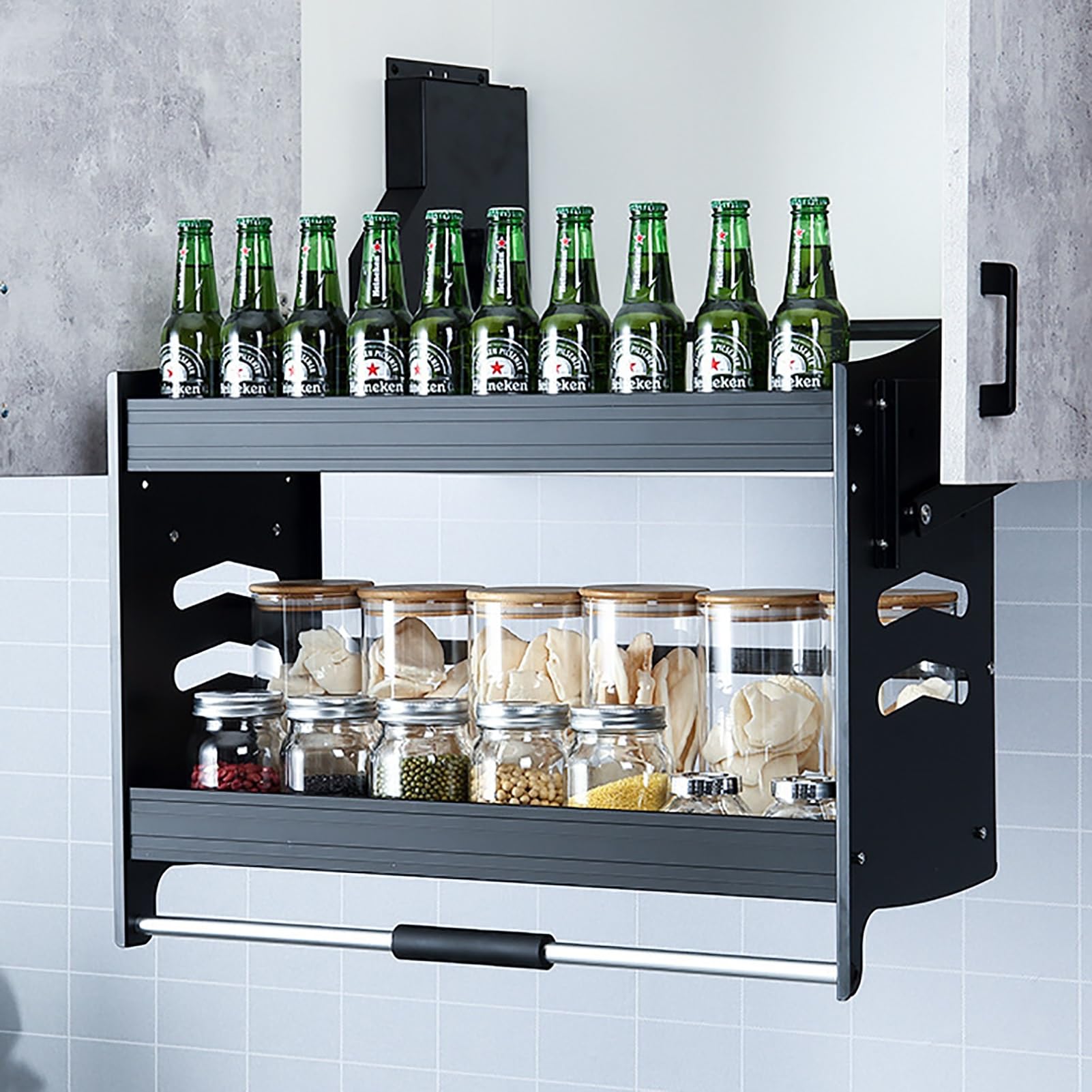 Organisateur de Cuisine, Organisateur d'armoire Rabattable, étagère Rabattable à 2 Niveaux, Armoire Haute avec poignée en Silicone, étagères à épices coulissantes pour armoires intérieures,