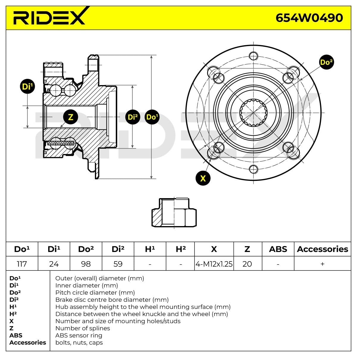 RIDEX 654W0490 Juego de cojinete de rueda Delantero, ambos lados Compatible con AUDI A3 Sportback 8YA