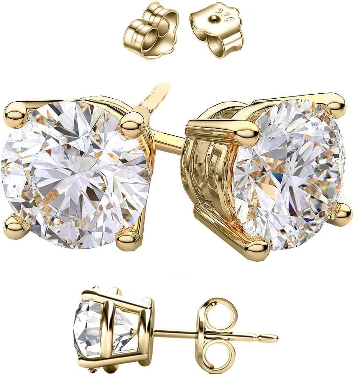 14 Karat Gold Overlay on Solid Silver Earrings Cubic Zirconia Round Stones