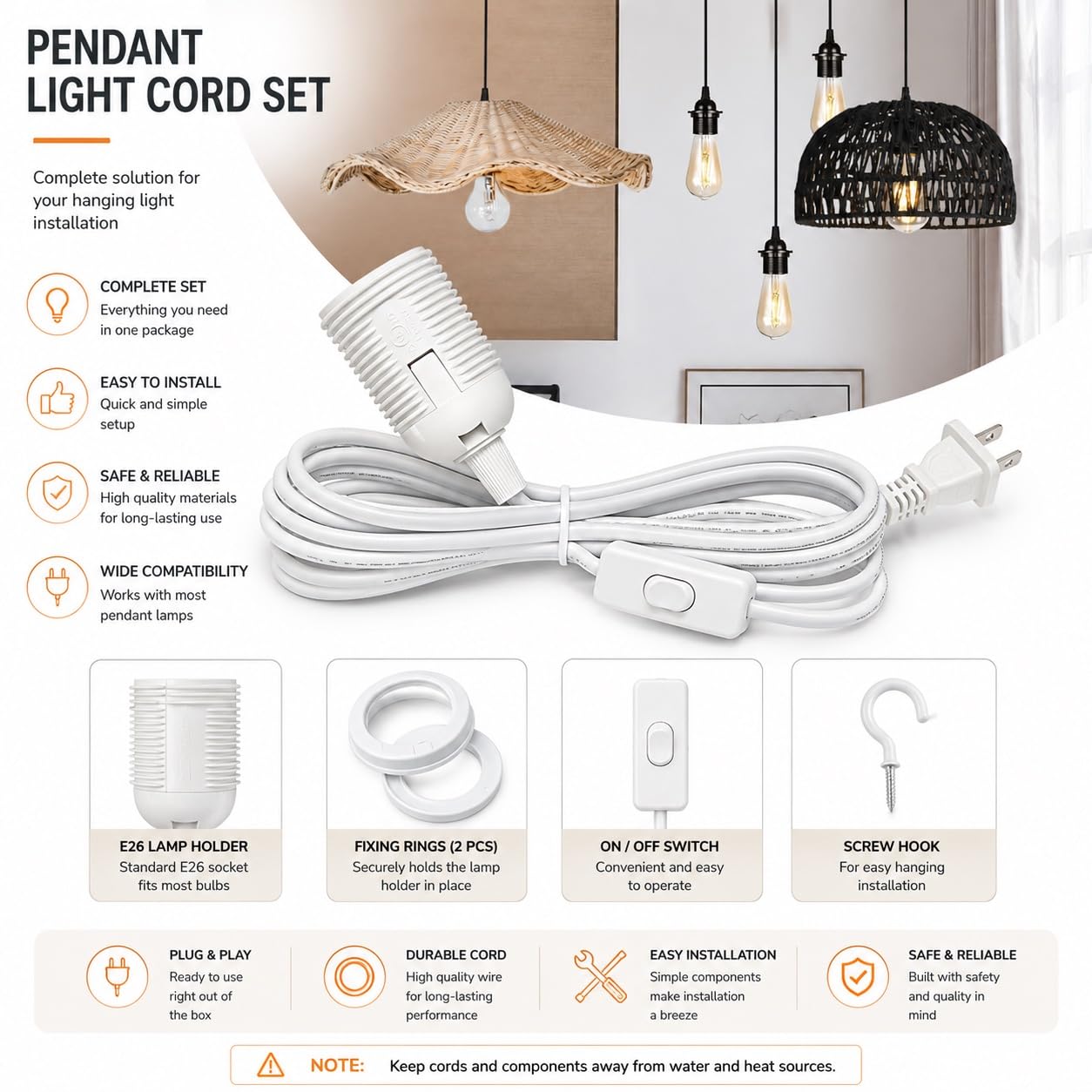 Plug in Pendant Light Cord with E26/E27 Socket, 15FT Flexible Cable, On/Off Switch, and Lampshade Holder – Ideal for DIY Lighting (White)