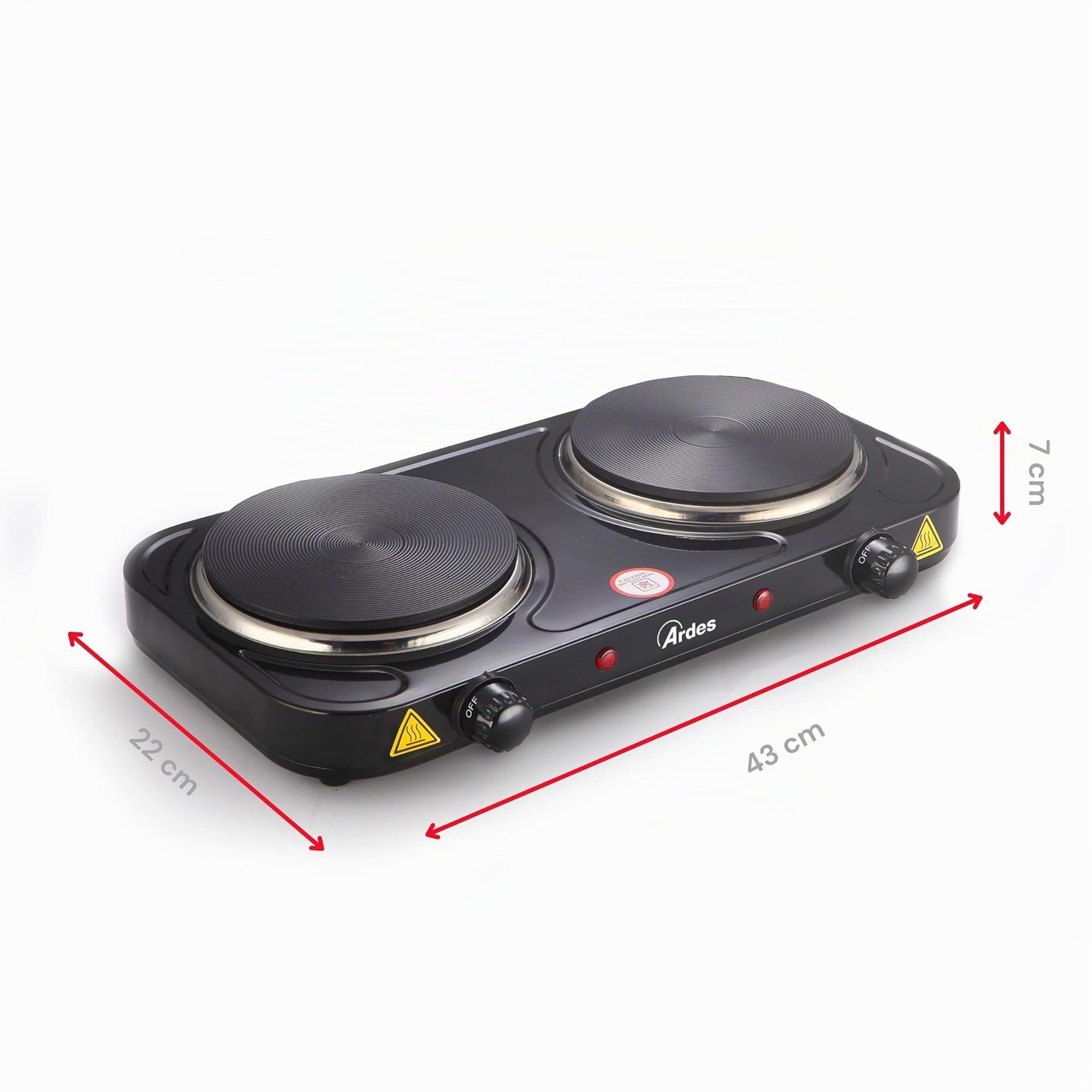 ARDES Hornillo eléctrico para cocinar, de 2000W en acero pintado para Camping y Cocina con 2 Placas de fundición Diámetro 15,5 cm y 2 Termostatos Modelo TIKAPPA AR1F21 Negro