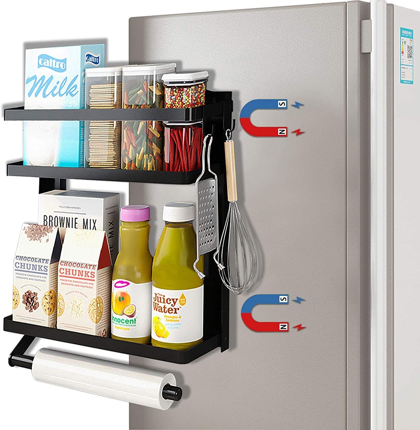 Spice Rack Wall Mounted Shelf Magnetic Spice Rack Organiser for Kitchen Jars Fridge Bottles Paper Towel Rotating Hook, 2 Tier Spice Racks Holder Shelves, Metal Spice Storage Seasoning Organizer Black
