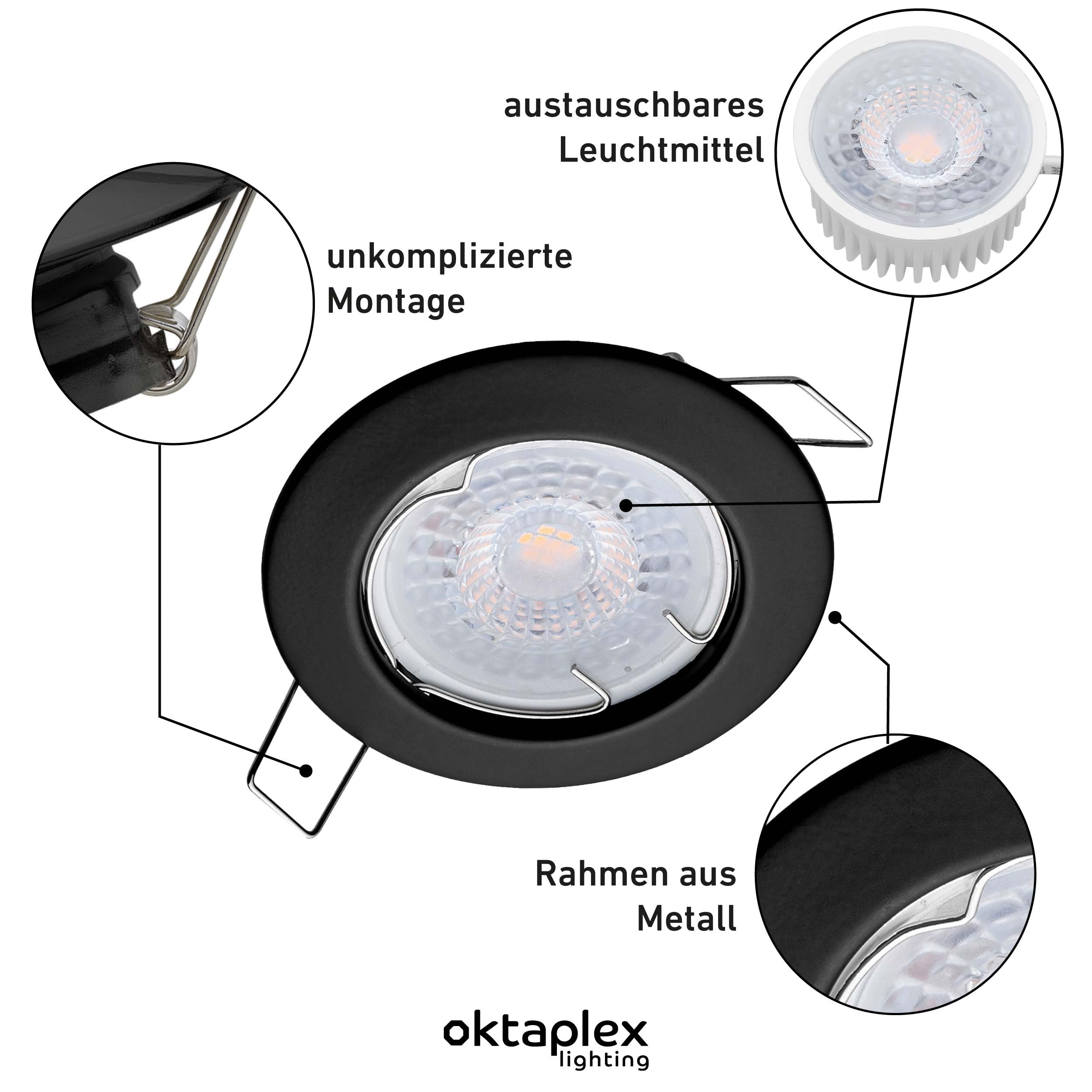 Oktaplex 9er Set Sedan Einbauspot 230V LED Spot 22mm Einbautiefe flach | Warmweiß 3000K, Lochmaß 60mm, 4,8W, 380lm, 110° Einbaustrahler Schwarz rund