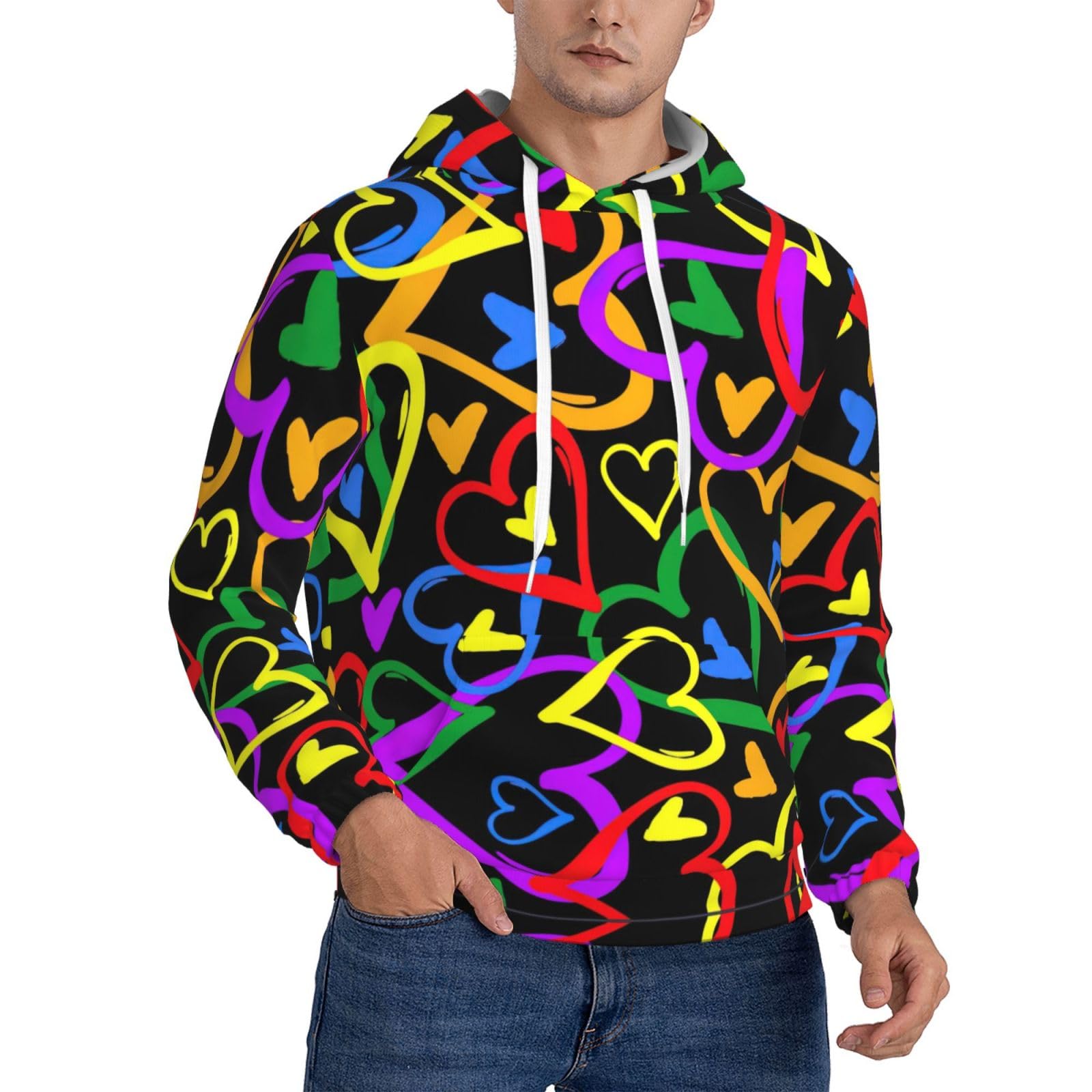 Men's Fleece Hooded Hoodie - Soft Warm with Pocket, Trendy Gay Pride Rainbow Full Print Pullover for Spring, Autumn, Black, XL
