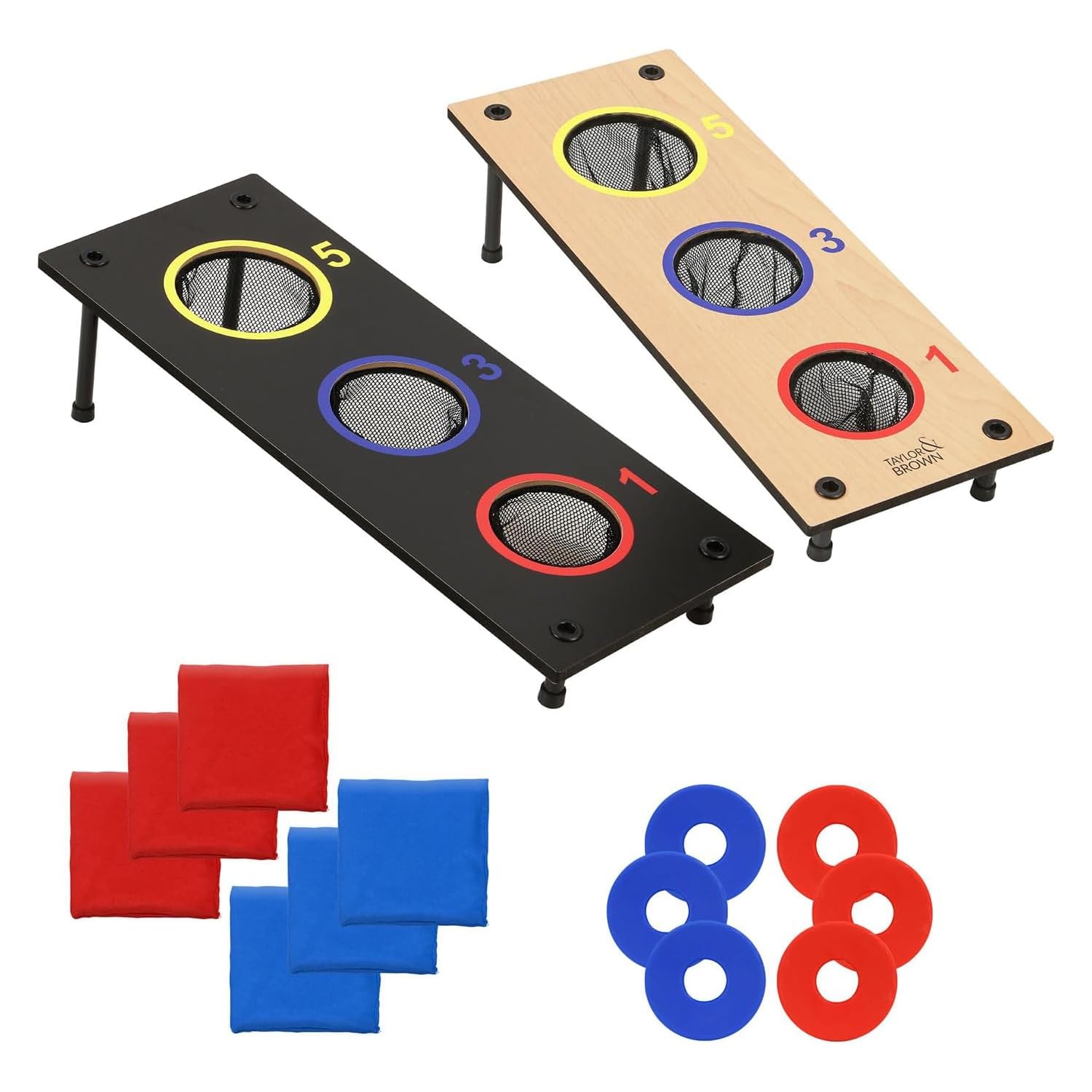 YORKSHIRE HOMEWARE 2-in-1 Reversible Wooden Bean Bag Toss & Washer Pitch Game Set – Cornhole Target Board with 6 Bean Bags & 6 Washers – Outdoor Throwing Family Fun for Backyard (27307)