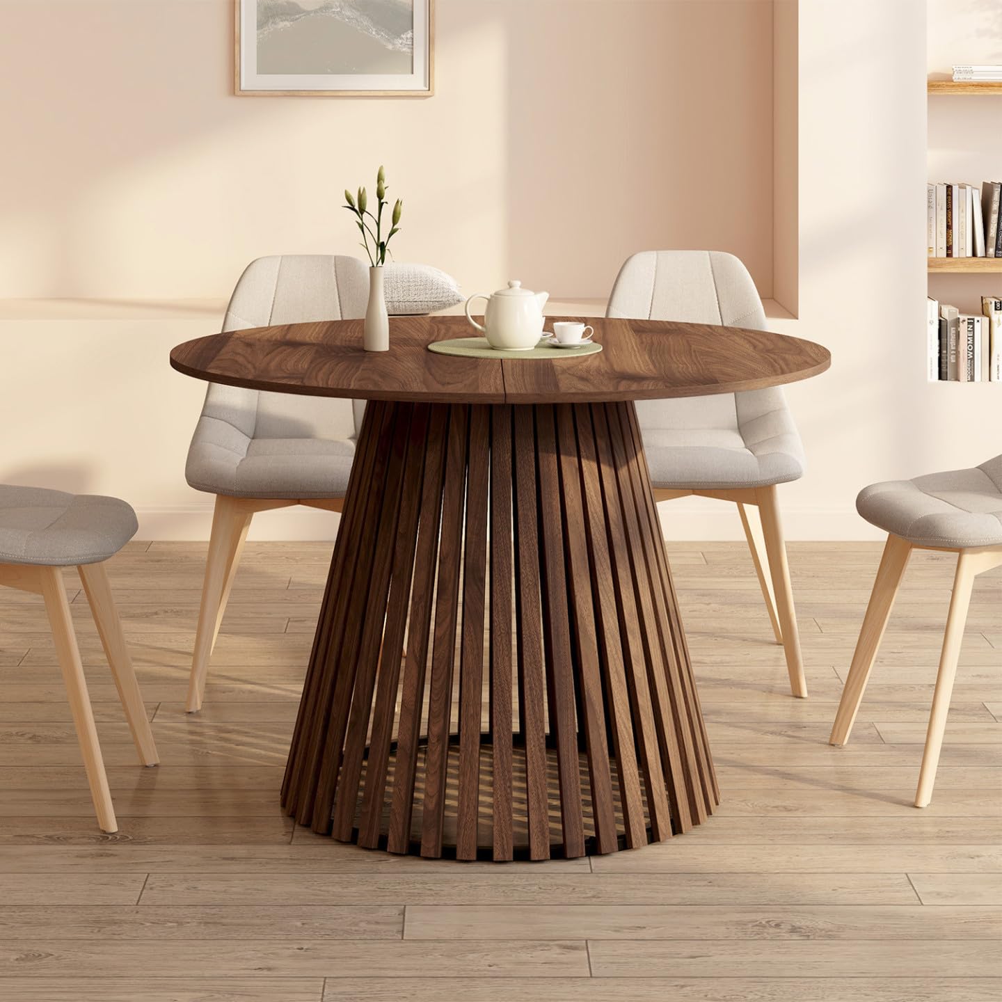 IDMarket - Tavolo da pranzo allungabile rotondo Carmen 4-8 Persone piede Noce in doghe e vassoio Noce 110-150 cm