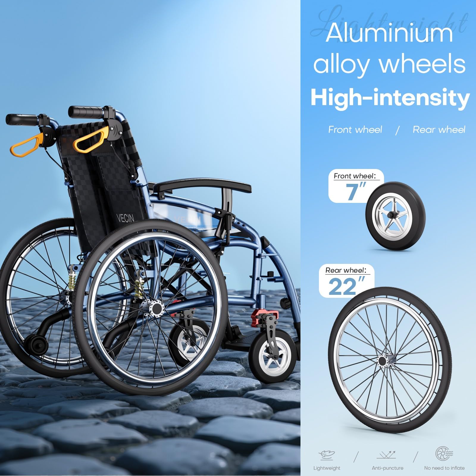 Sedia a Rotelle Pieghevole Leggera ad Autospinta, Sedia a Rotelle Autospinta con Ammortizzazione Regolabile, Capacità di Carico 200 kg, per Disabili ed Anziani